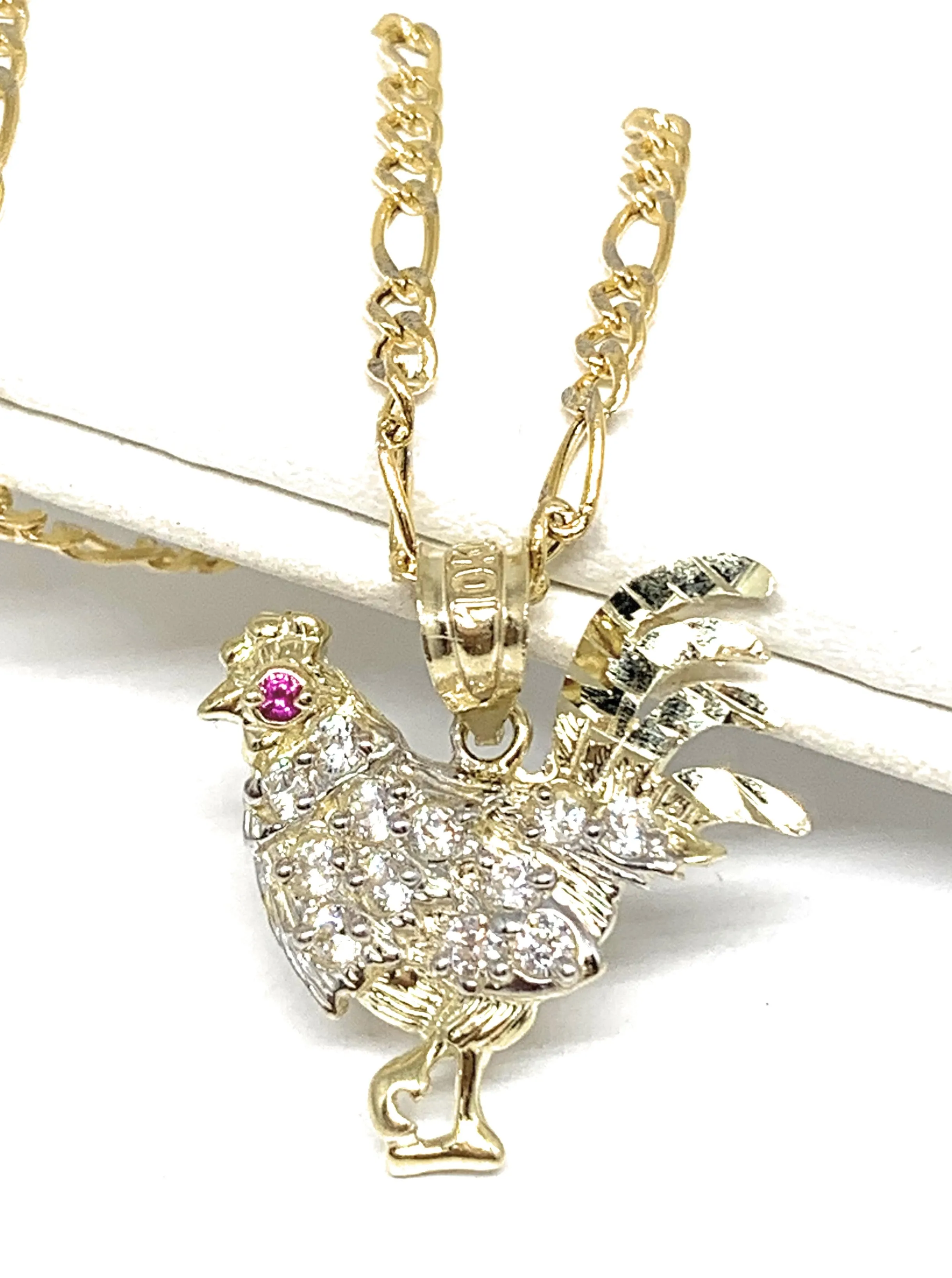 10k Solid Gold Yellow Cubic Zirconia White Rooster Pendant Necklace