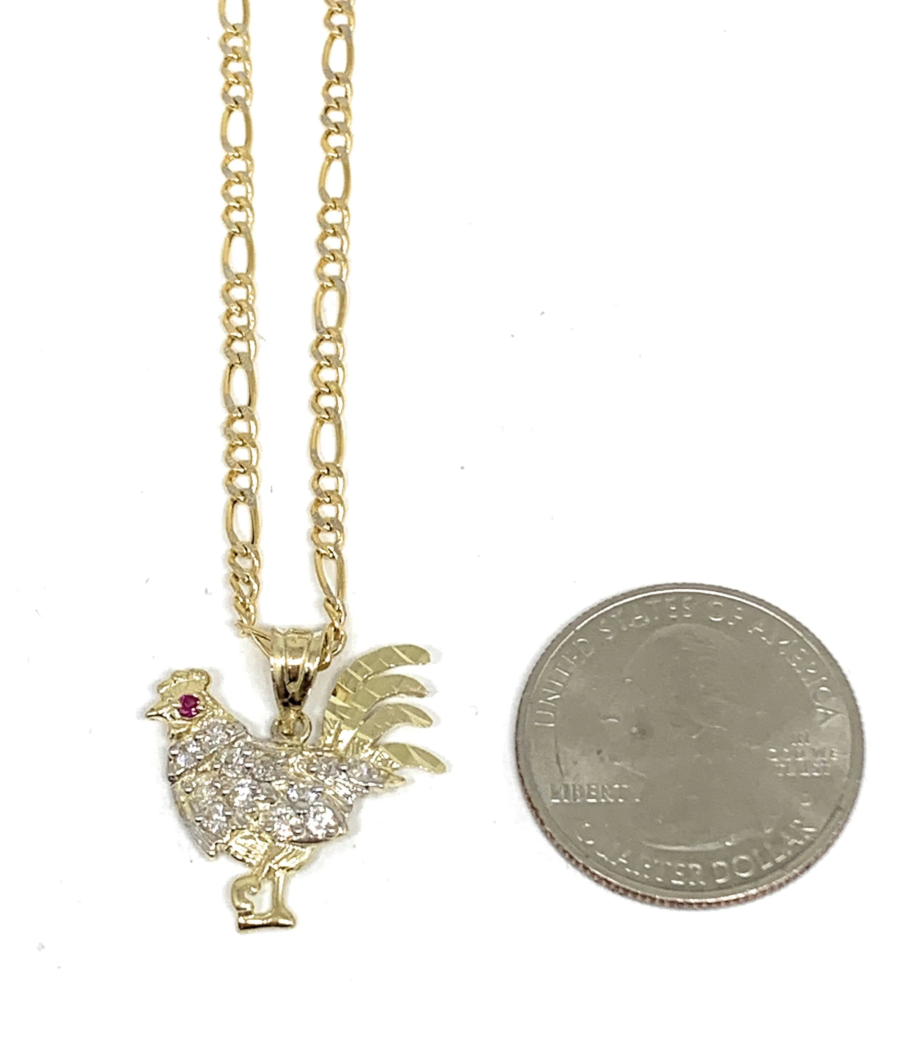 10k Solid Gold Yellow Cubic Zirconia White Rooster Pendant Necklace