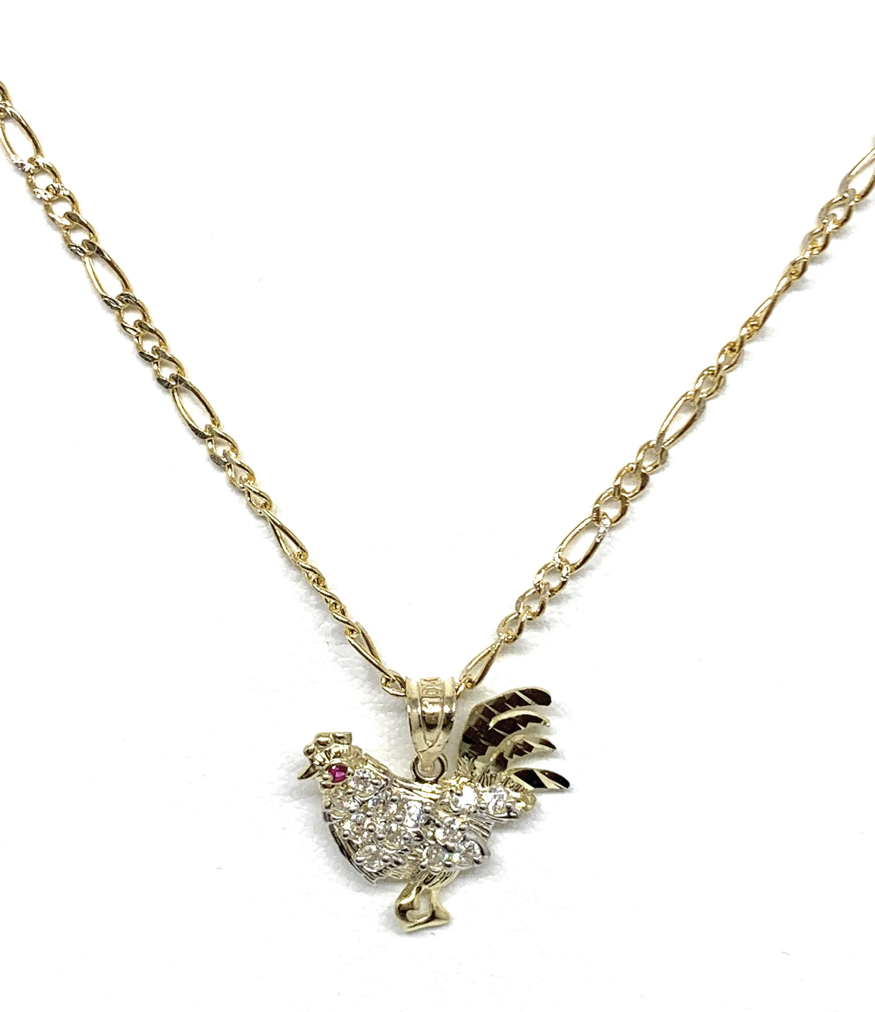 10k Solid Gold Yellow Cubic Zirconia White Rooster Pendant Necklace