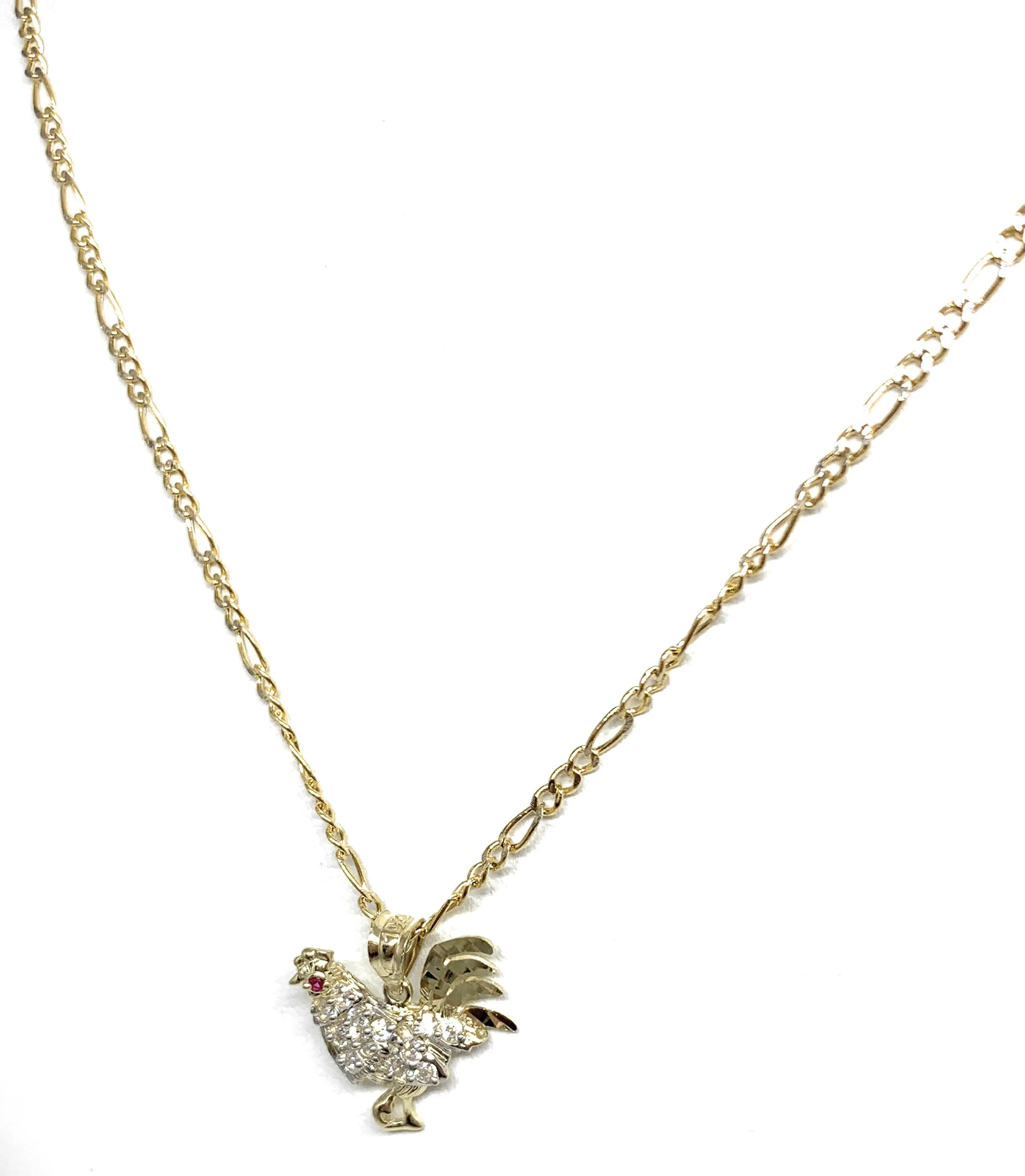 10k Solid Gold Yellow Cubic Zirconia White Rooster Pendant Necklace