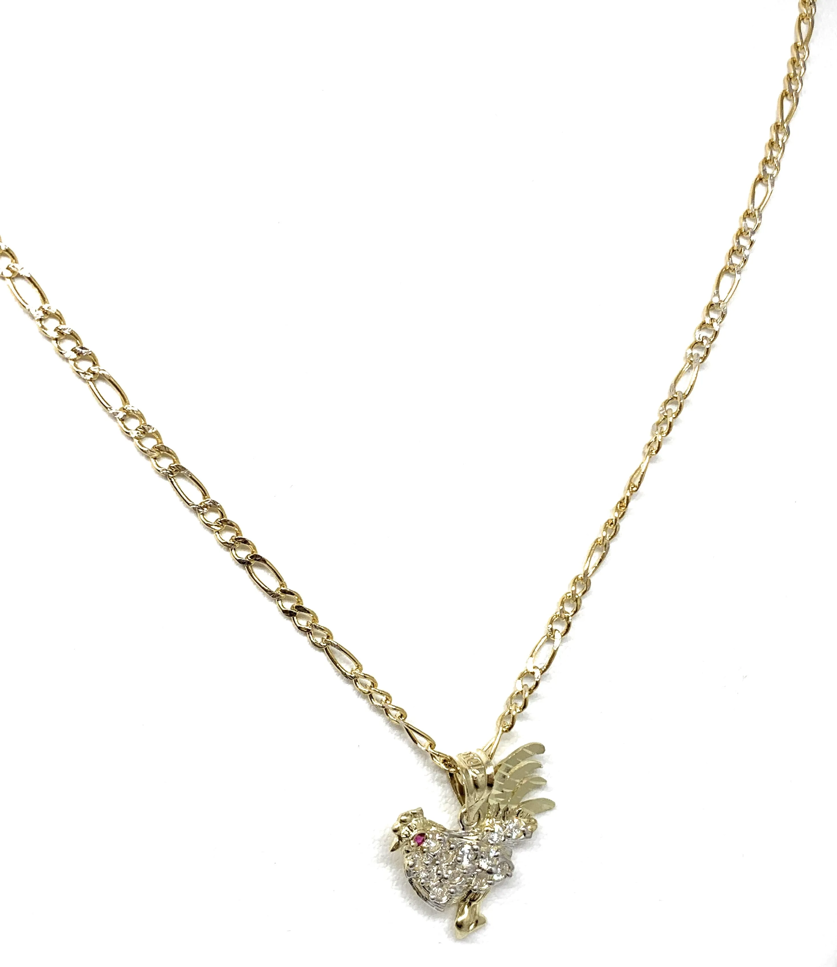 10k Solid Gold Yellow Cubic Zirconia White Rooster Pendant Necklace