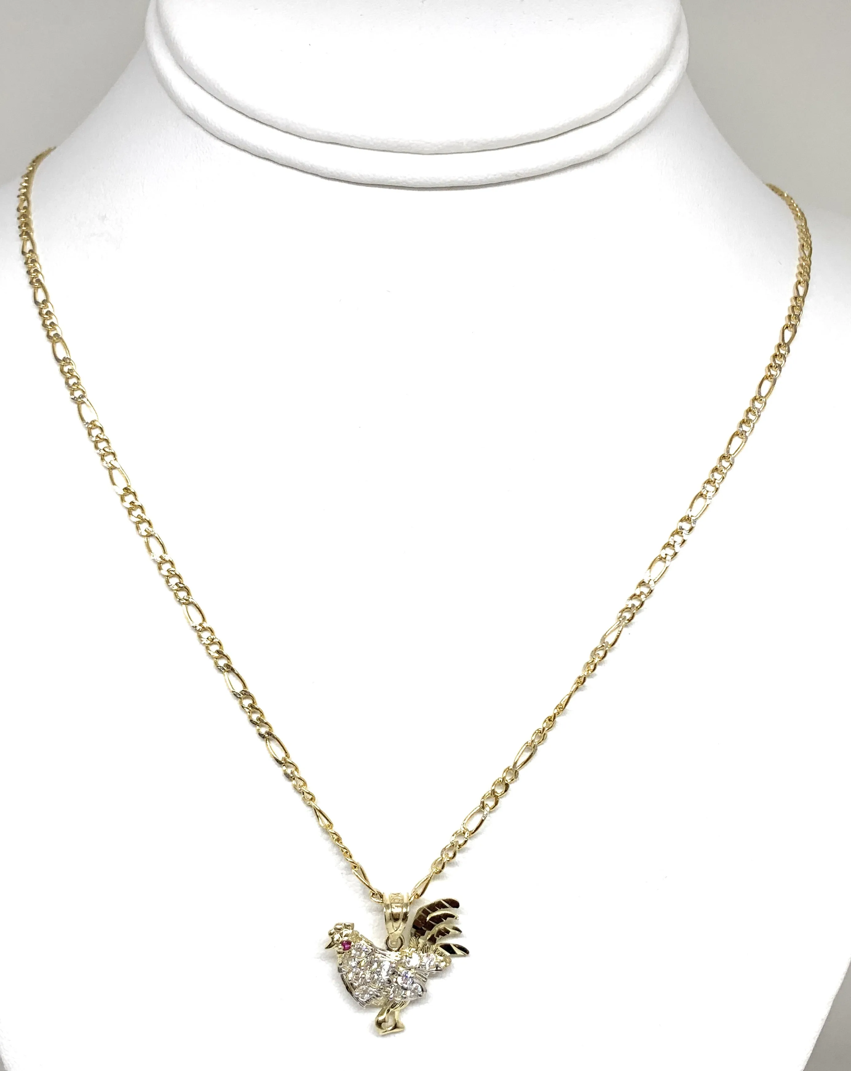 10k Solid Gold Yellow Cubic Zirconia White Rooster Pendant Necklace