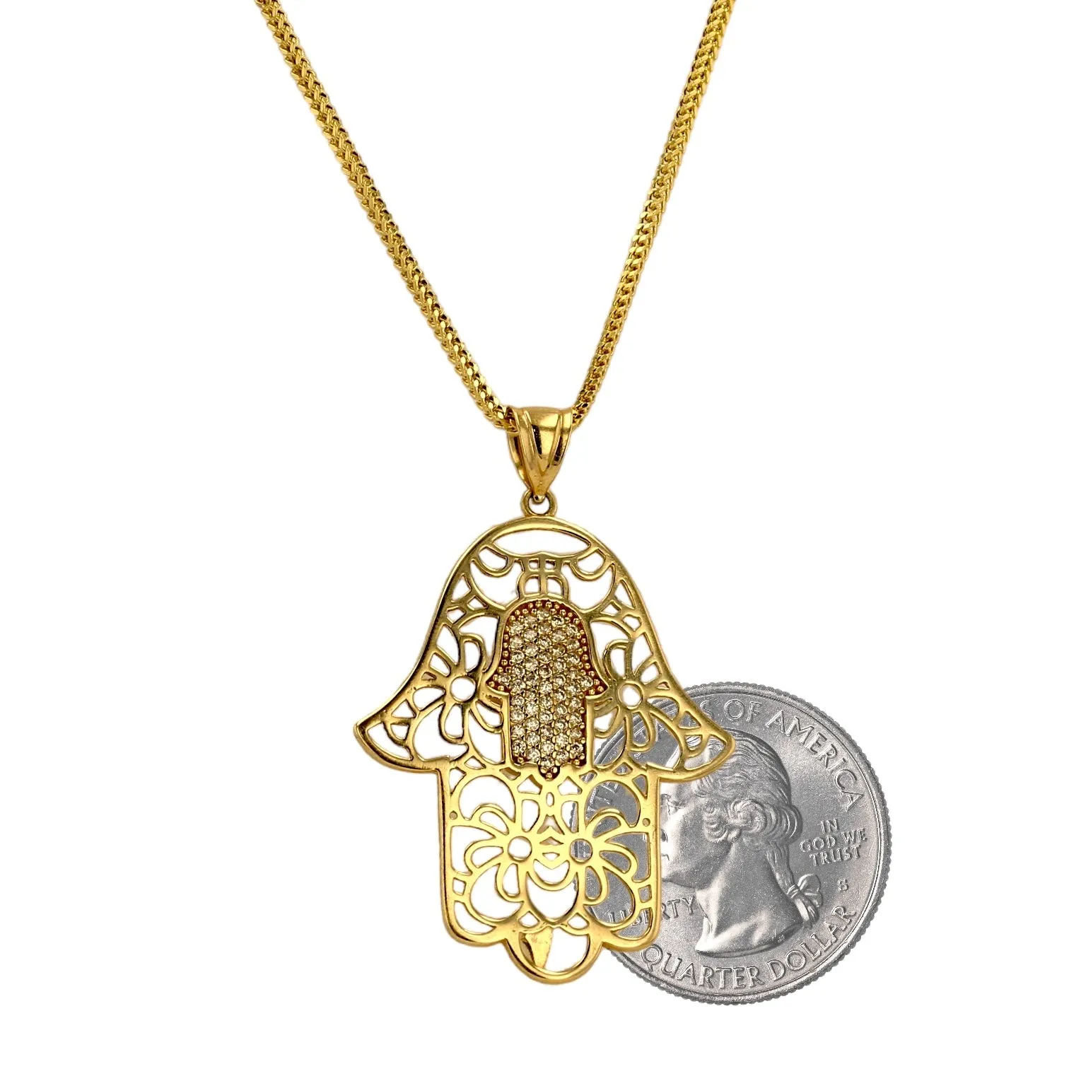 10k Yellow gold inlet two hamsa necklace