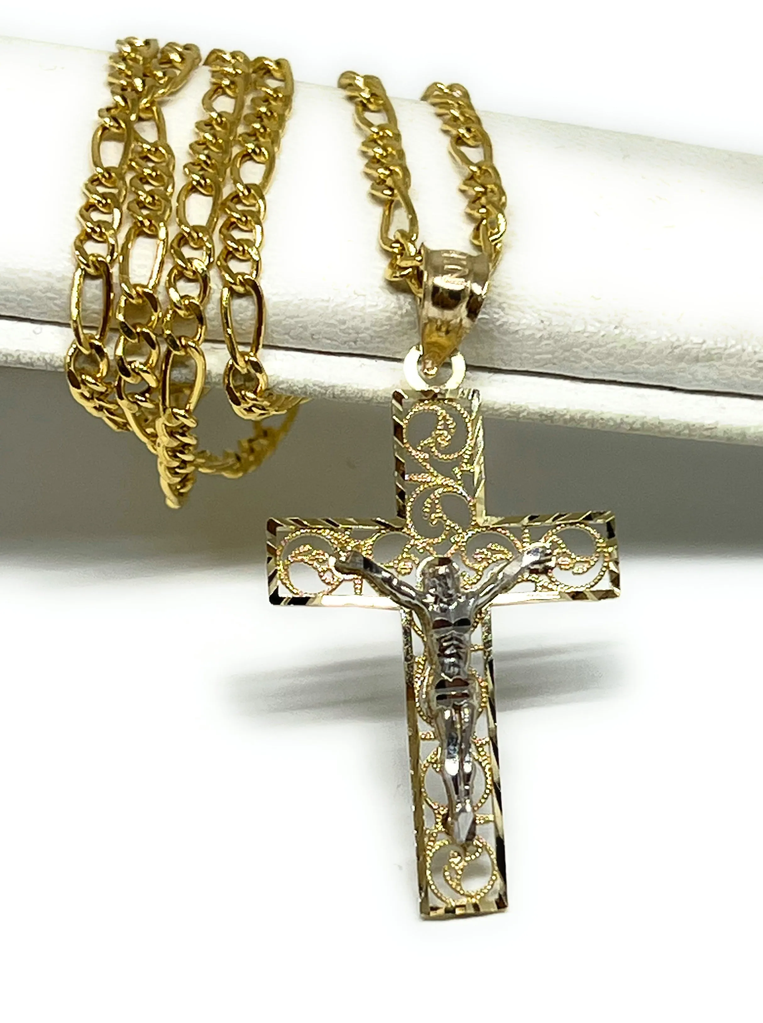 14k Solid Gold 2-Tone Filigran Jesus Cross Crucifix Pendant Necklace