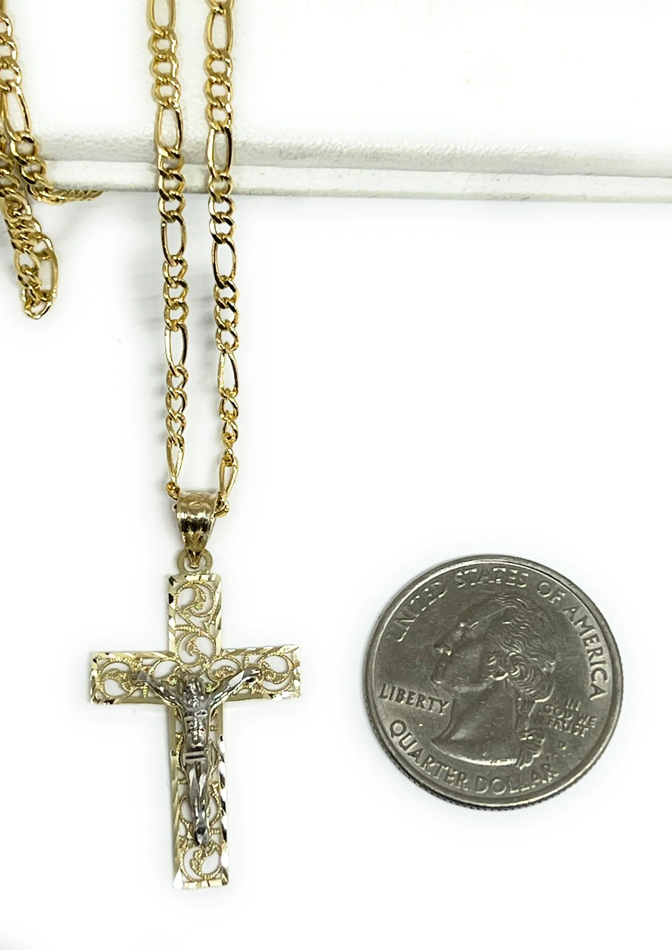 14k Solid Gold 2-Tone Filigran Jesus Cross Crucifix Pendant Necklace