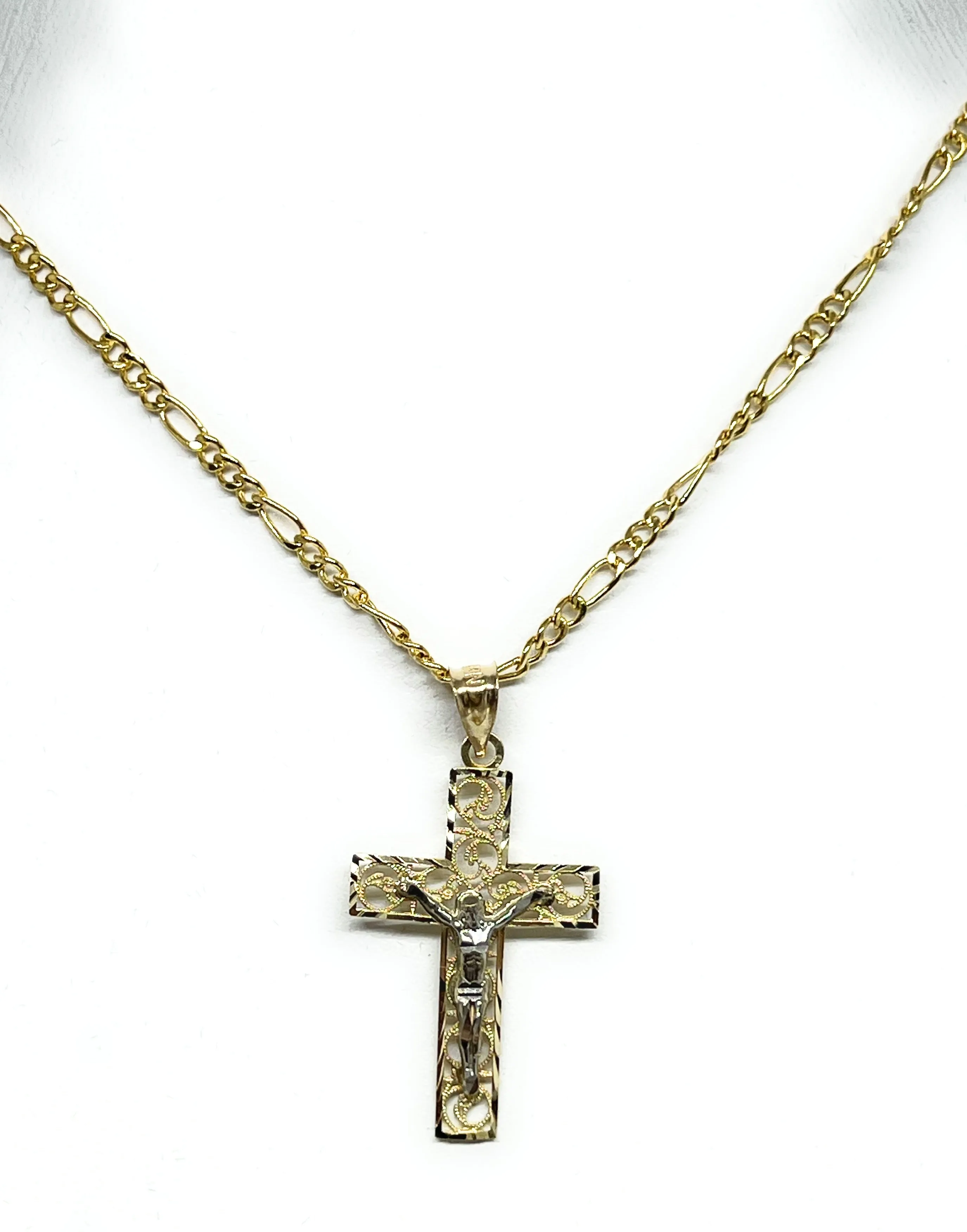 14k Solid Gold 2-Tone Filigran Jesus Cross Crucifix Pendant Necklace