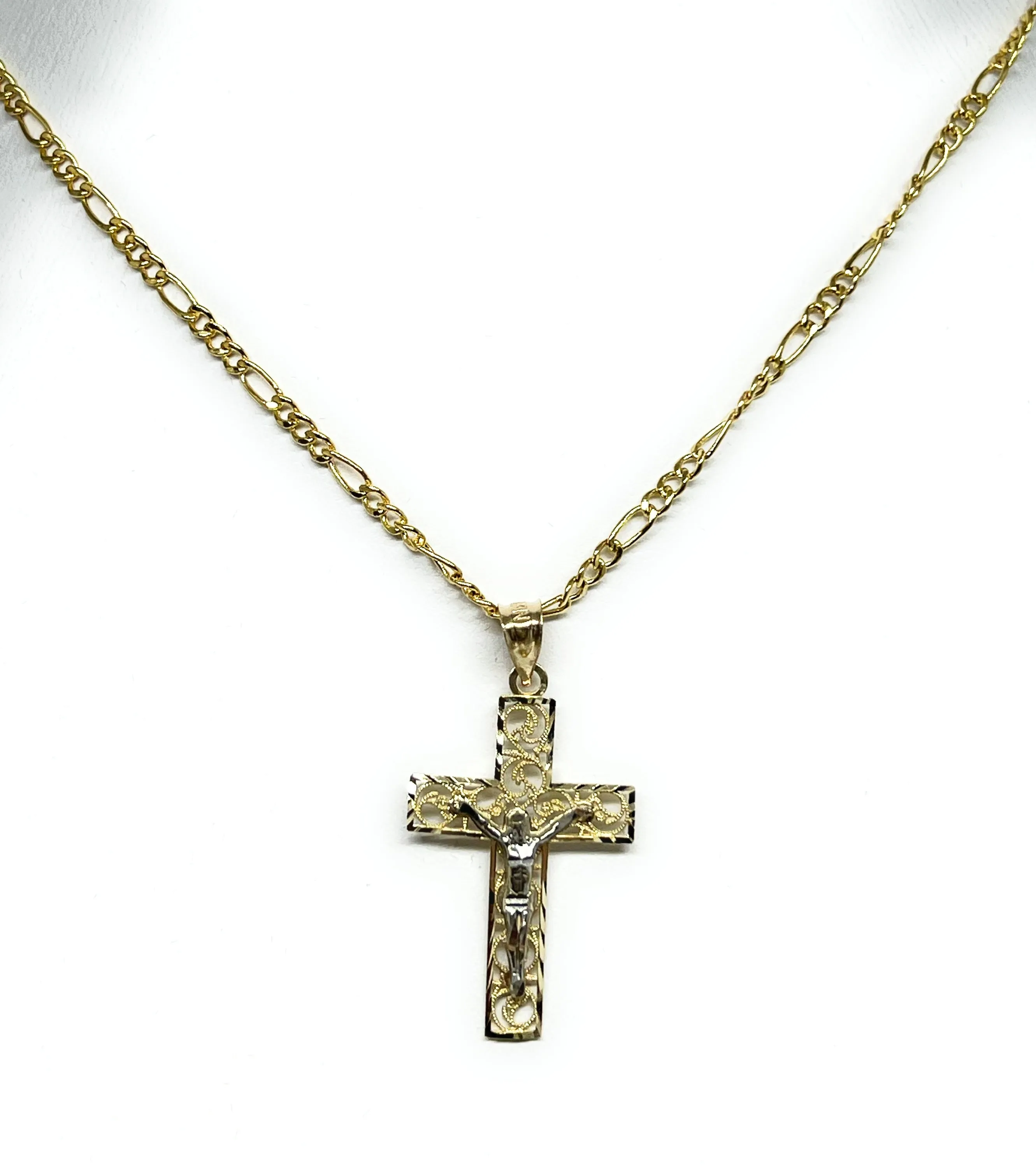 14k Solid Gold 2-Tone Filigran Jesus Cross Crucifix Pendant Necklace