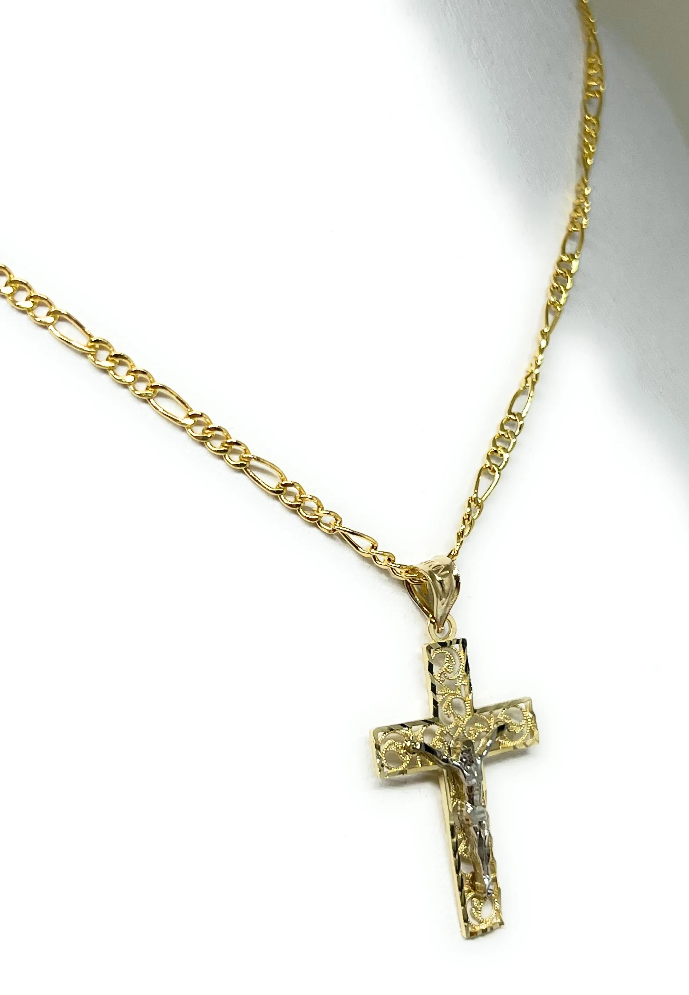 14k Solid Gold 2-Tone Filigran Jesus Cross Crucifix Pendant Necklace