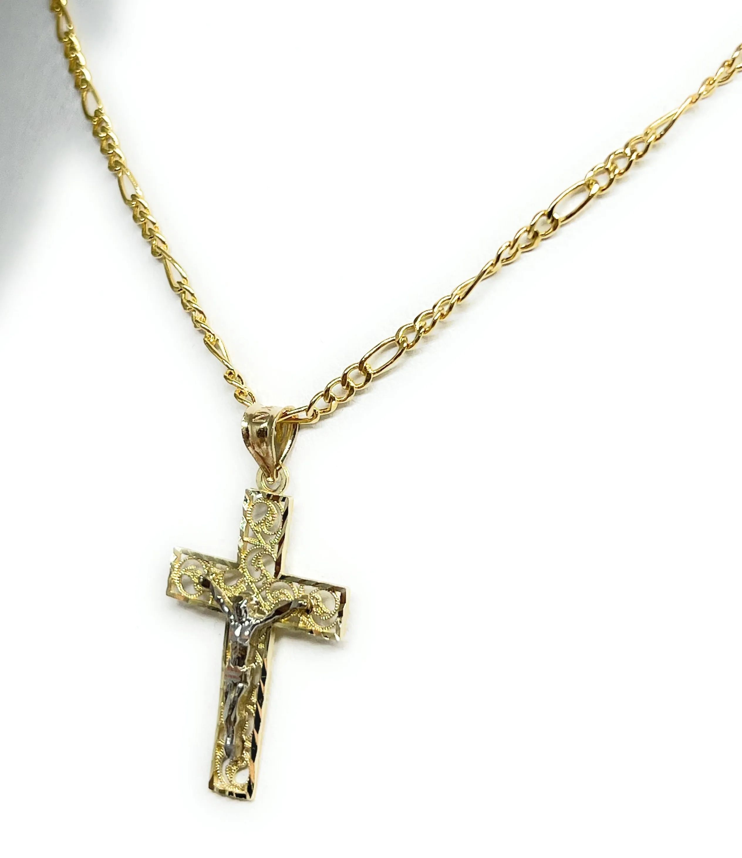 14k Solid Gold 2-Tone Filigran Jesus Cross Crucifix Pendant Necklace