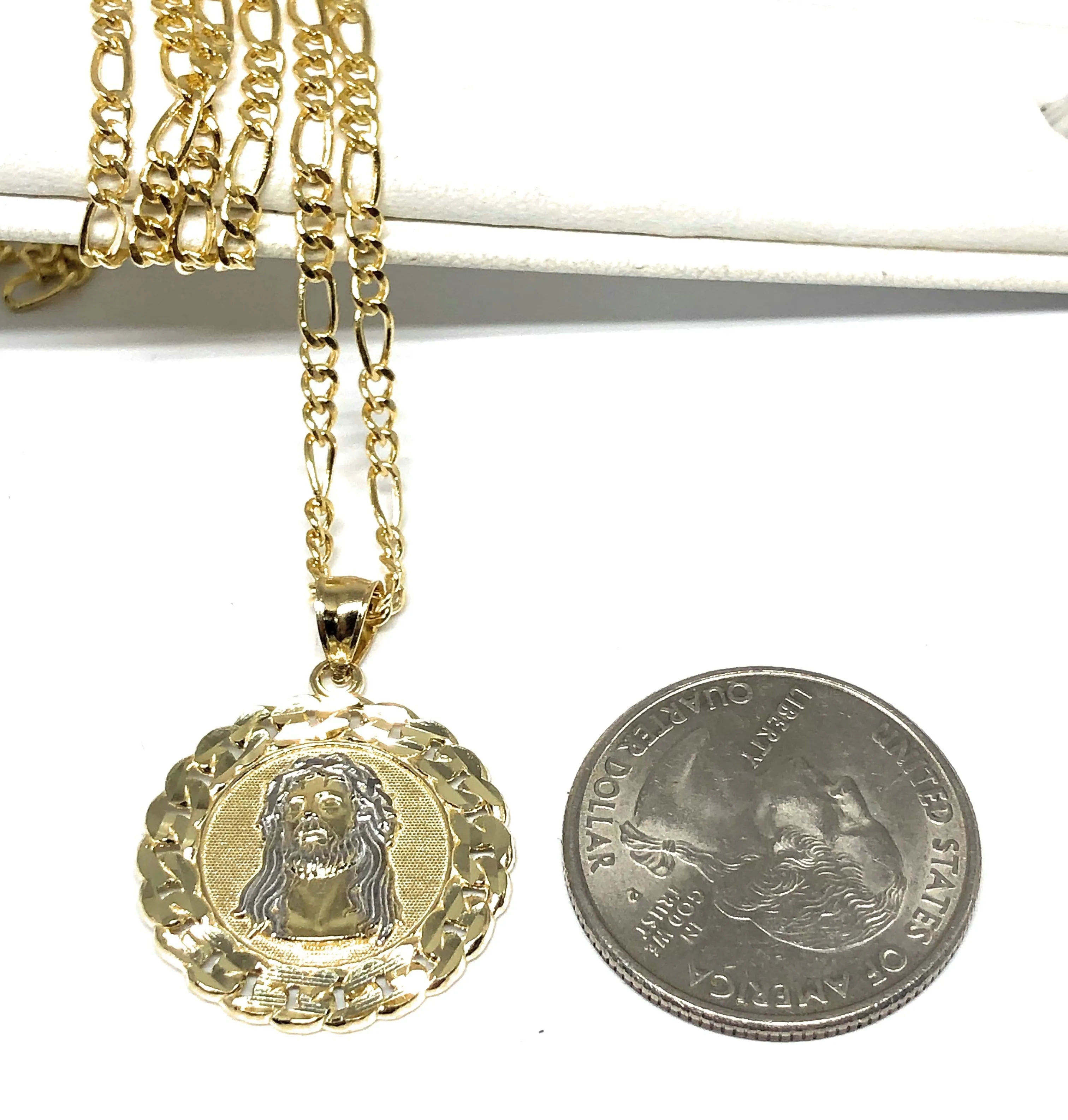 14k Solid Gold 2-Tone Jesus Face Round Pendant Necklace