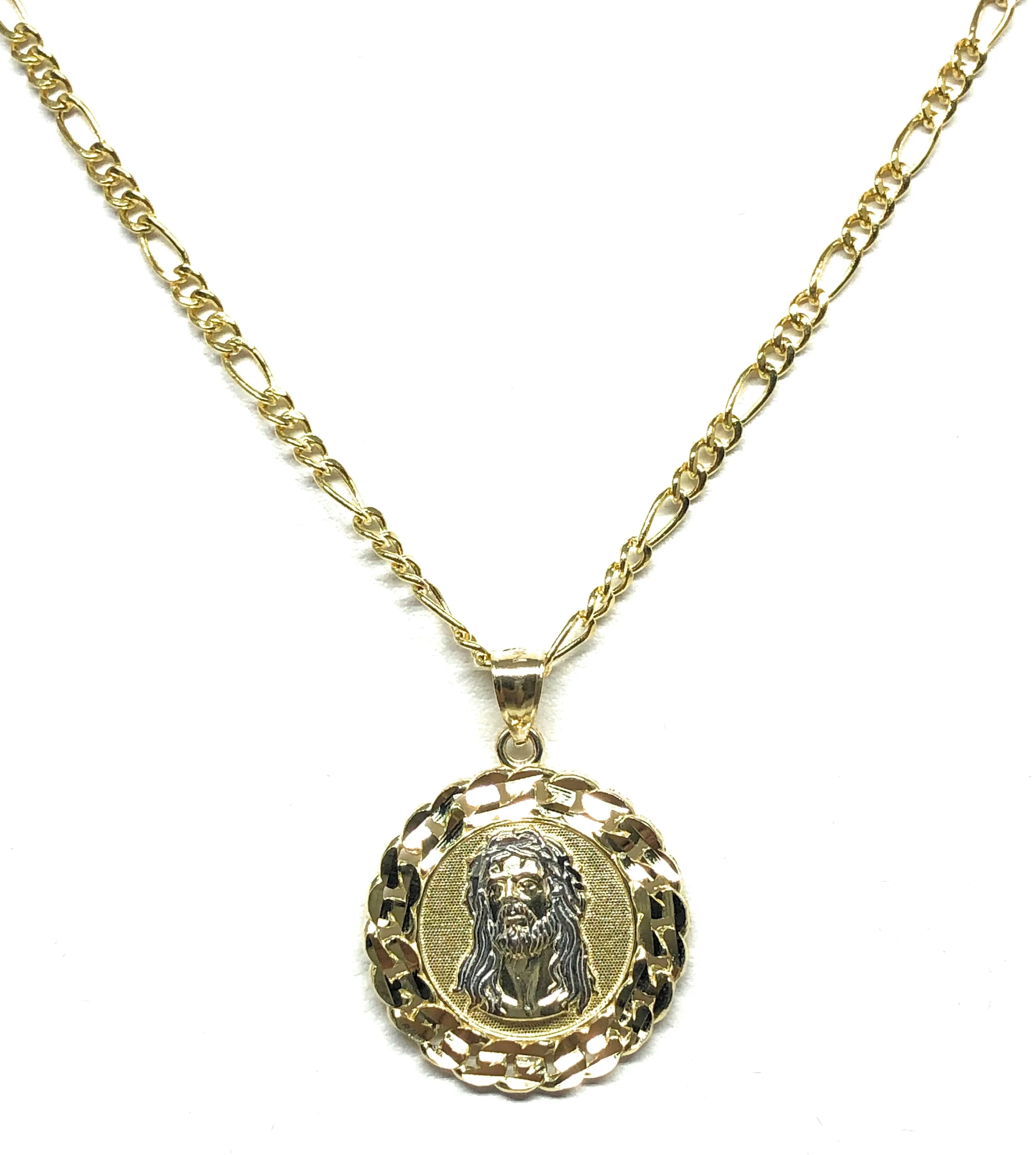 14k Solid Gold 2-Tone Jesus Face Round Pendant Necklace