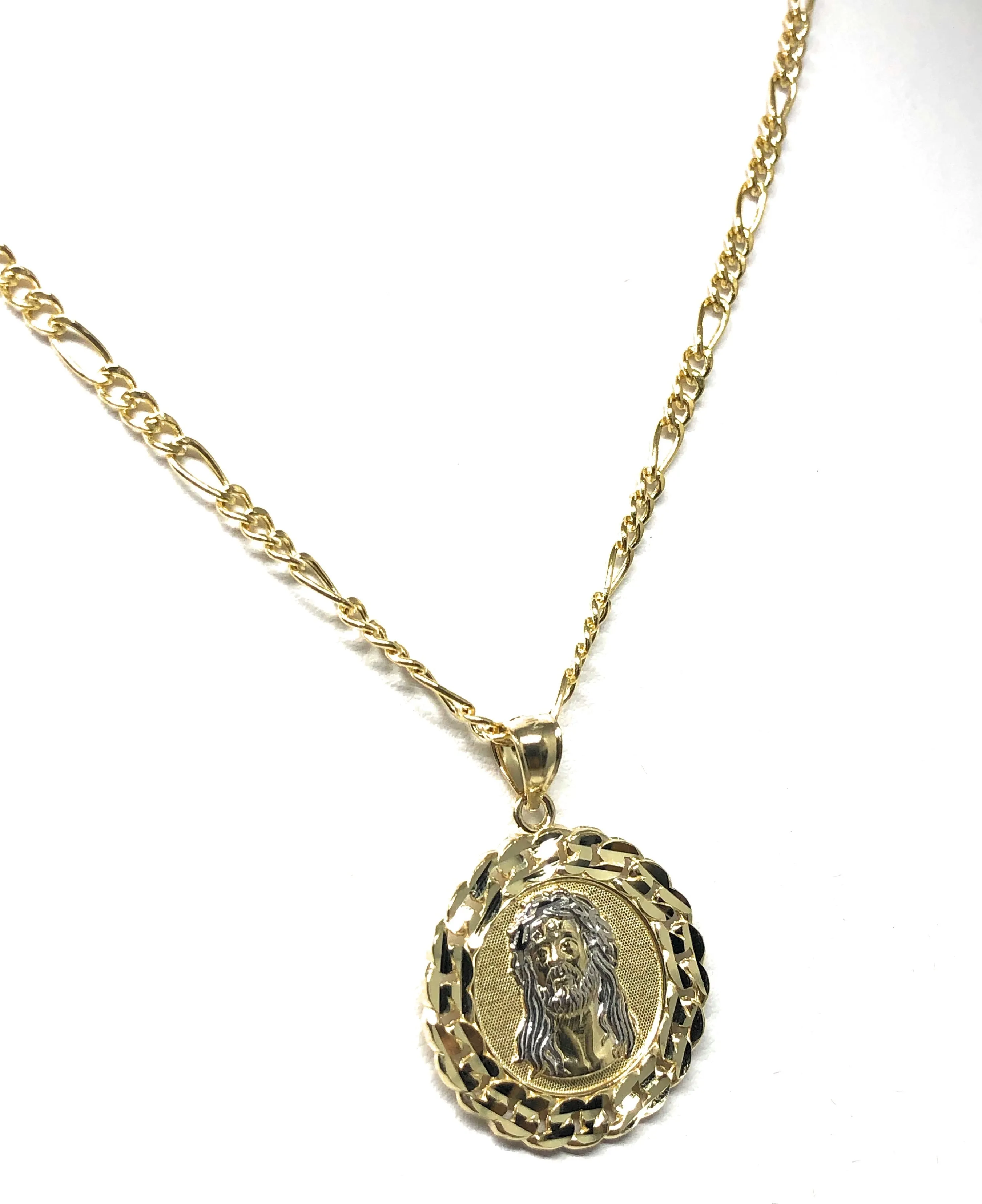 14k Solid Gold 2-Tone Jesus Face Round Pendant Necklace