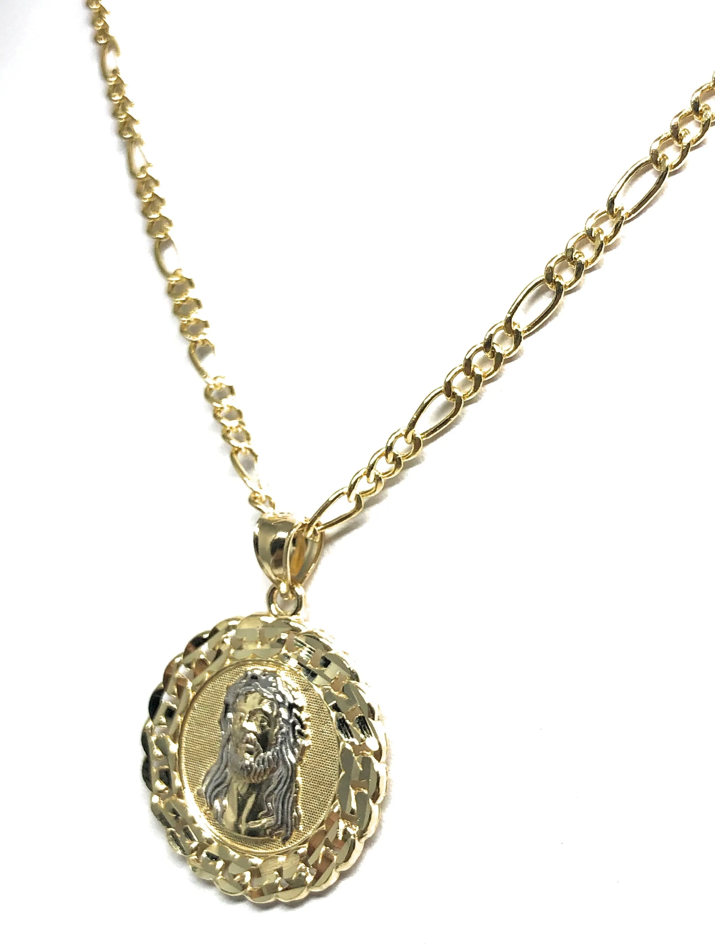 14k Solid Gold 2-Tone Jesus Face Round Pendant Necklace