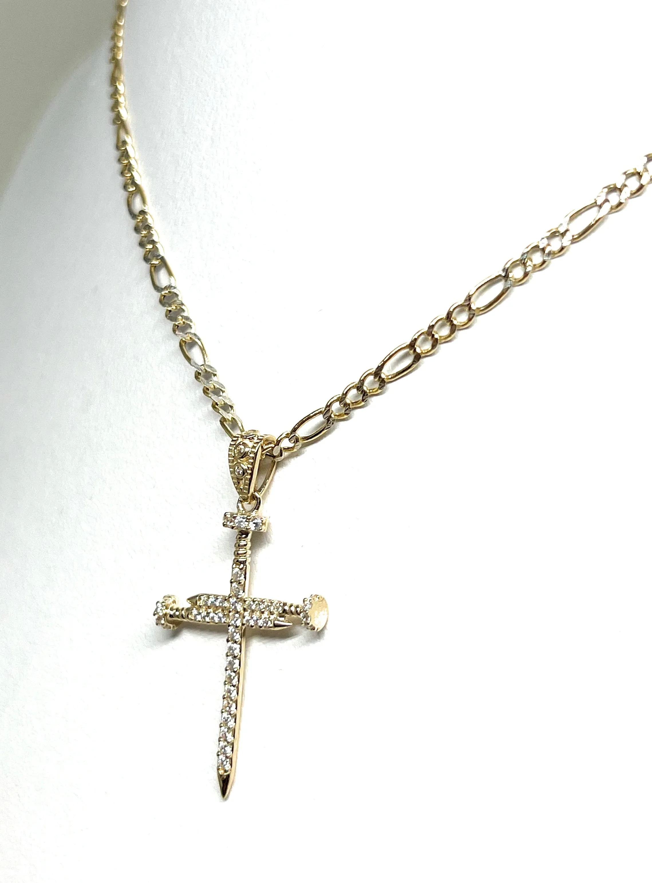 14k Solid Gold Nail Cross CZ Pendant (FC)