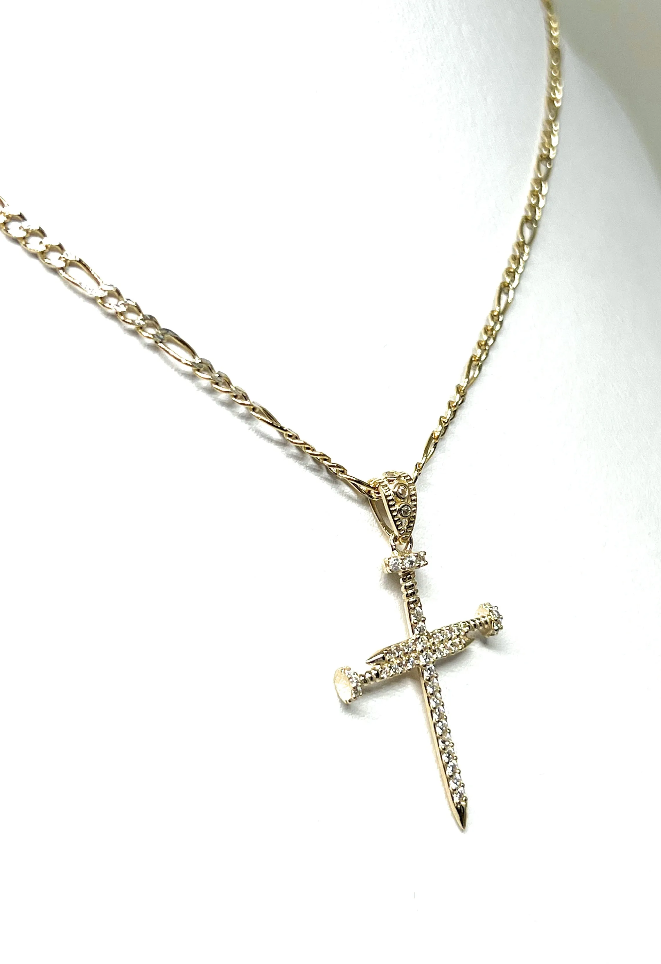 14k Solid Gold Nail Cross CZ Pendant (FC)