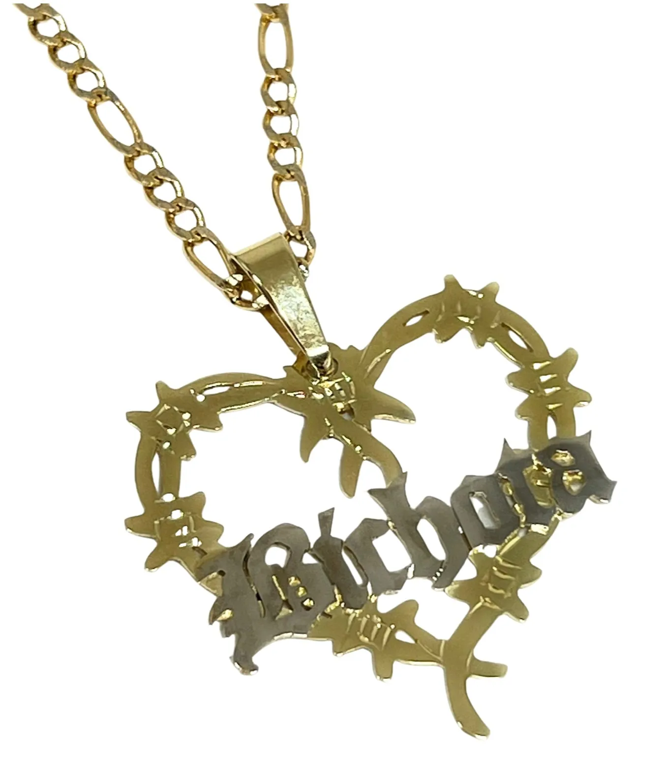 14k Solid Gold OLD ENGLISH Barbed Wire Heart BICHOTA Custom Nameplate Pendant Necklace Chain Options