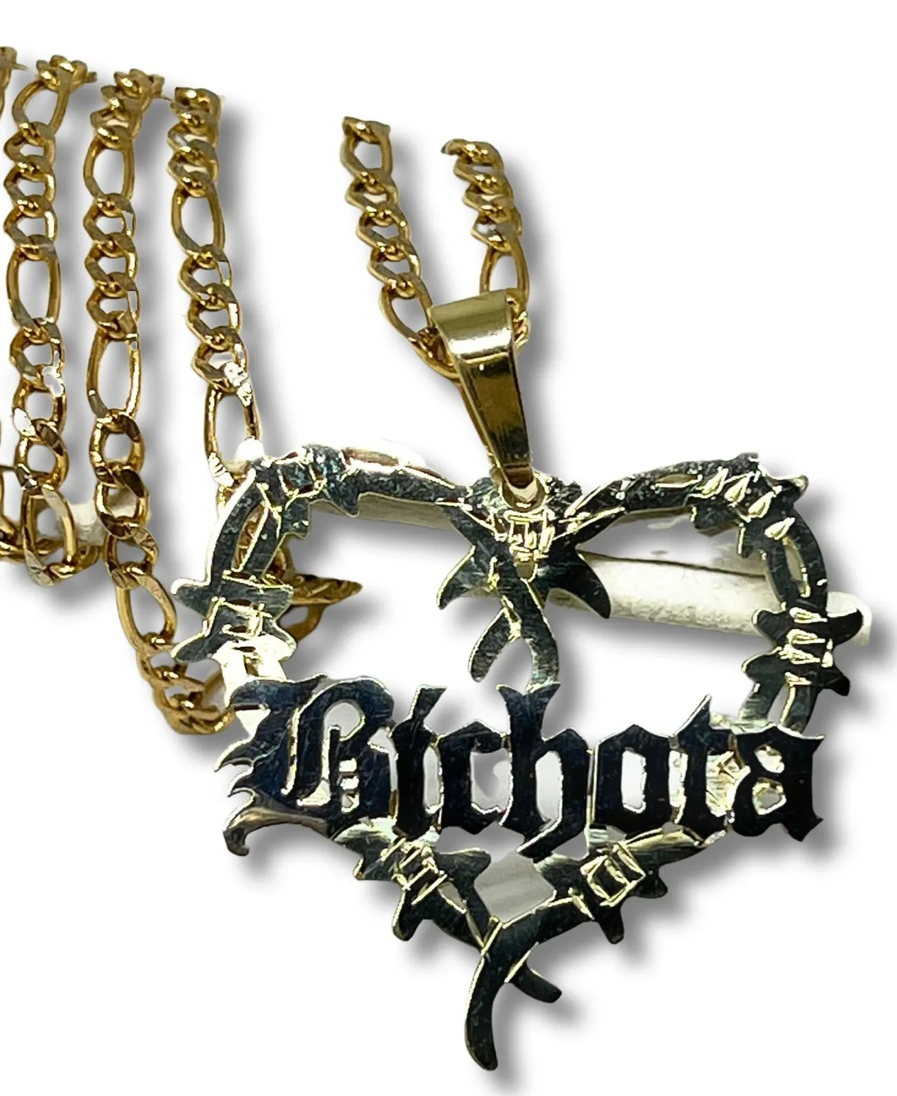 14k Solid Gold OLD ENGLISH Barbed Wire Heart BICHOTA Custom Nameplate Pendant Necklace Chain Options