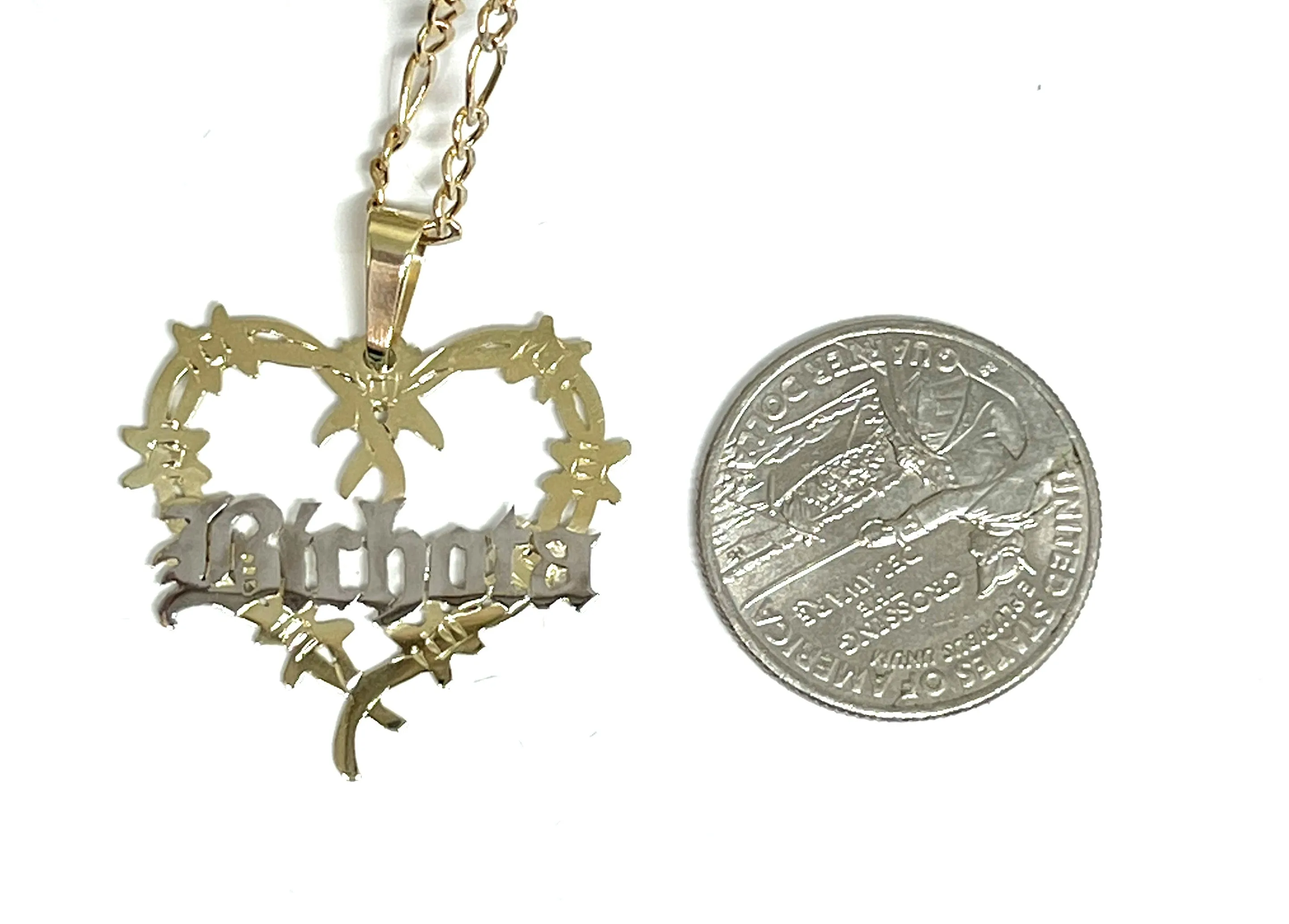 14k Solid Gold OLD ENGLISH Barbed Wire Heart BICHOTA Custom Nameplate Pendant Necklace Chain Options