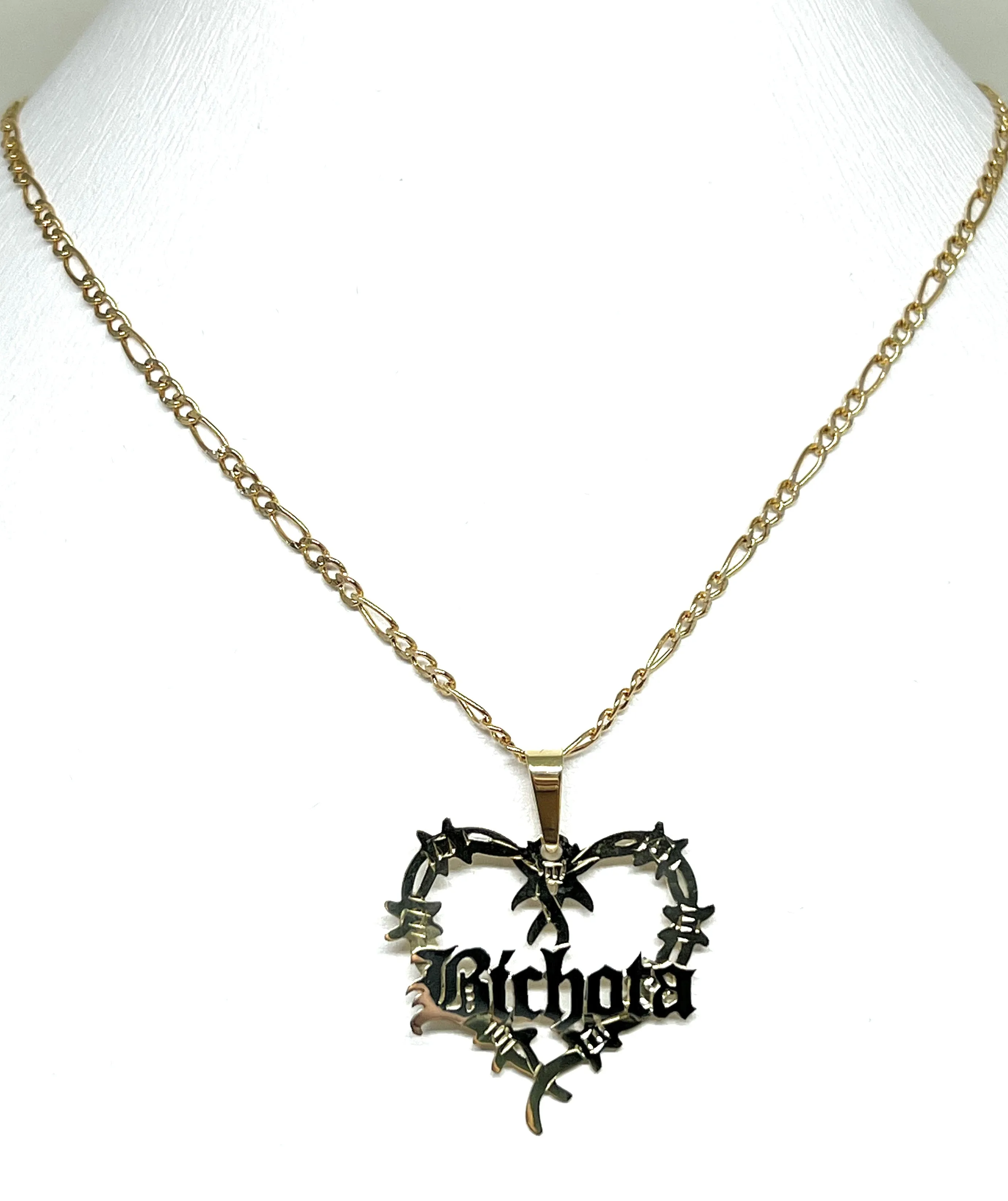 14k Solid Gold OLD ENGLISH Barbed Wire Heart BICHOTA Custom Nameplate Pendant Necklace Chain Options