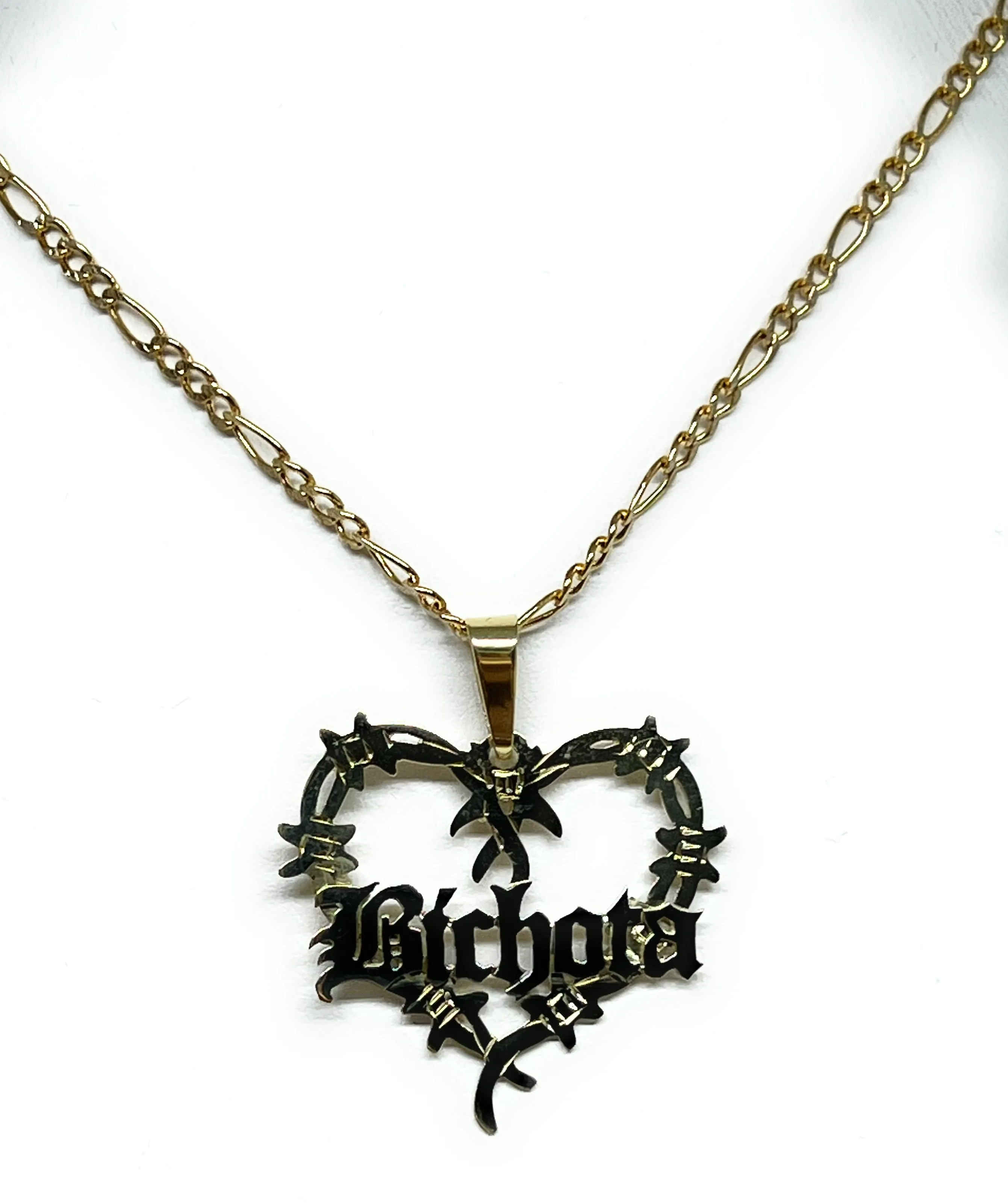 14k Solid Gold OLD ENGLISH Barbed Wire Heart BICHOTA Custom Nameplate Pendant Necklace Chain Options