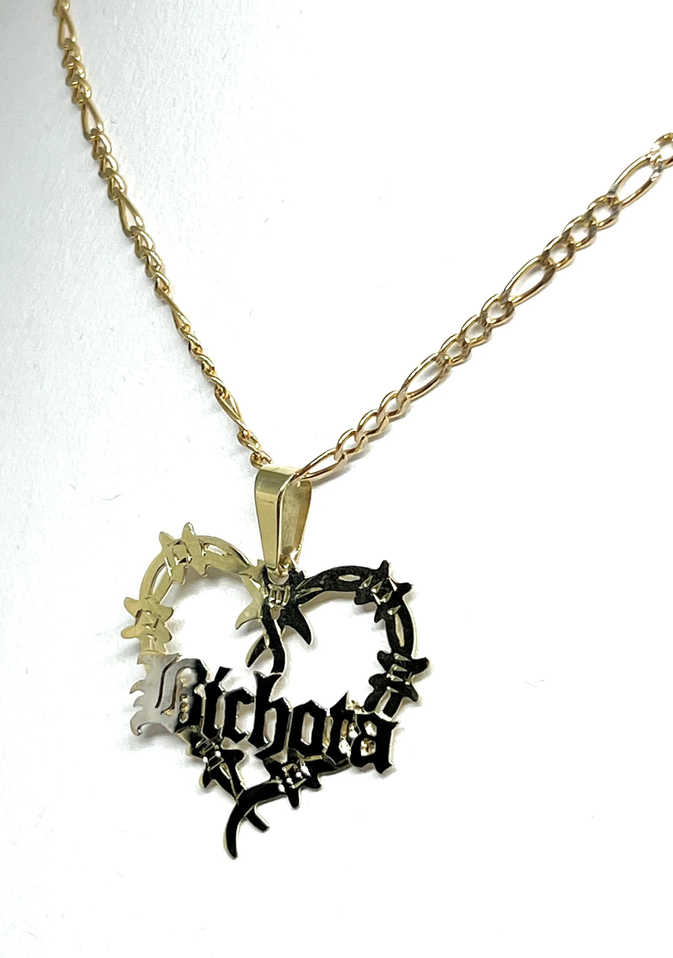 14k Solid Gold OLD ENGLISH Barbed Wire Heart BICHOTA Custom Nameplate Pendant Necklace Chain Options