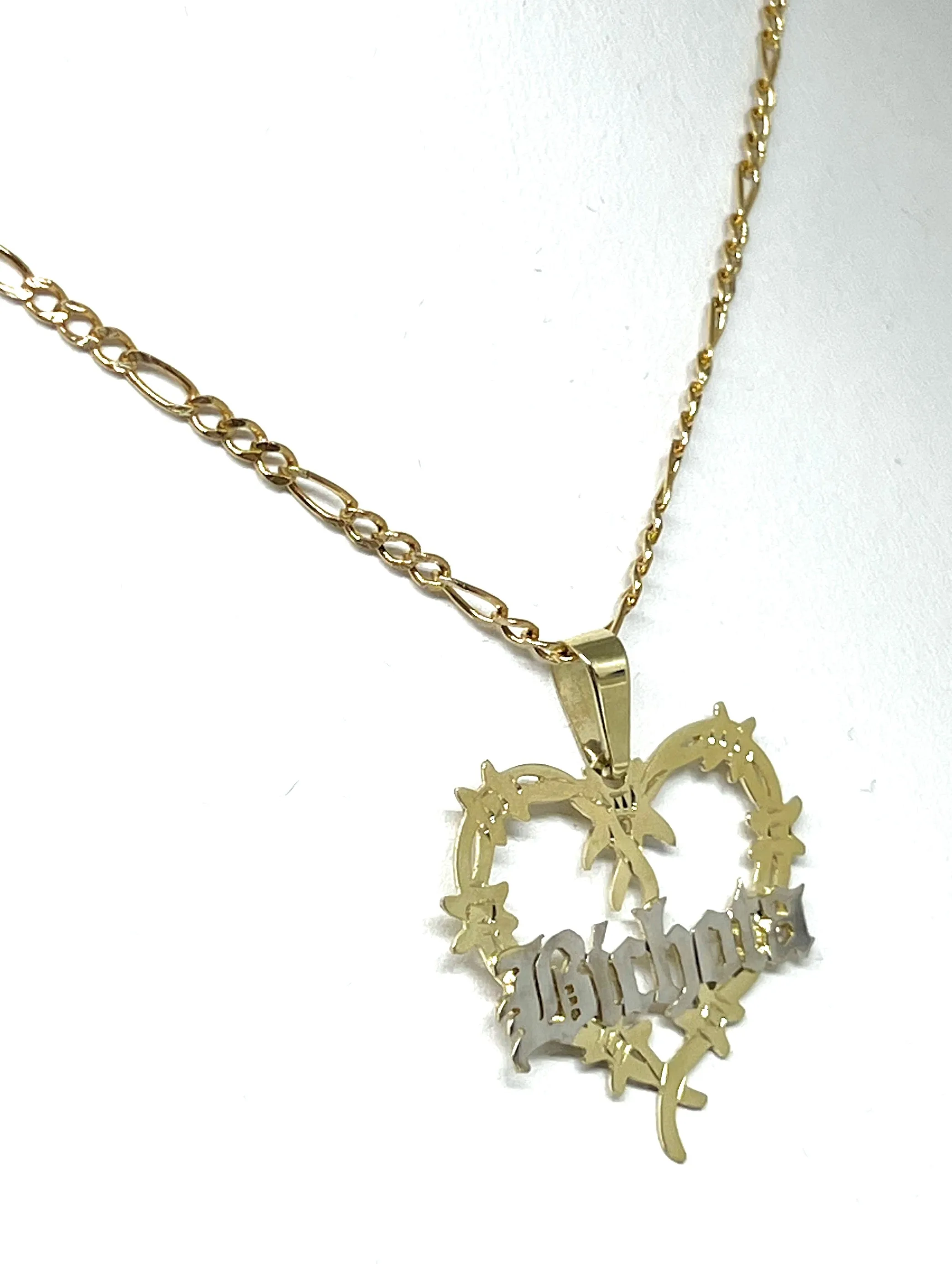 14k Solid Gold OLD ENGLISH Barbed Wire Heart BICHOTA Custom Nameplate Pendant Necklace Chain Options