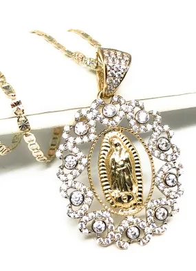 14k Solid Gold Virrgin Mary Fancy Elegant CZ Pendant  Virrgen Guadalupe Valentina Chain