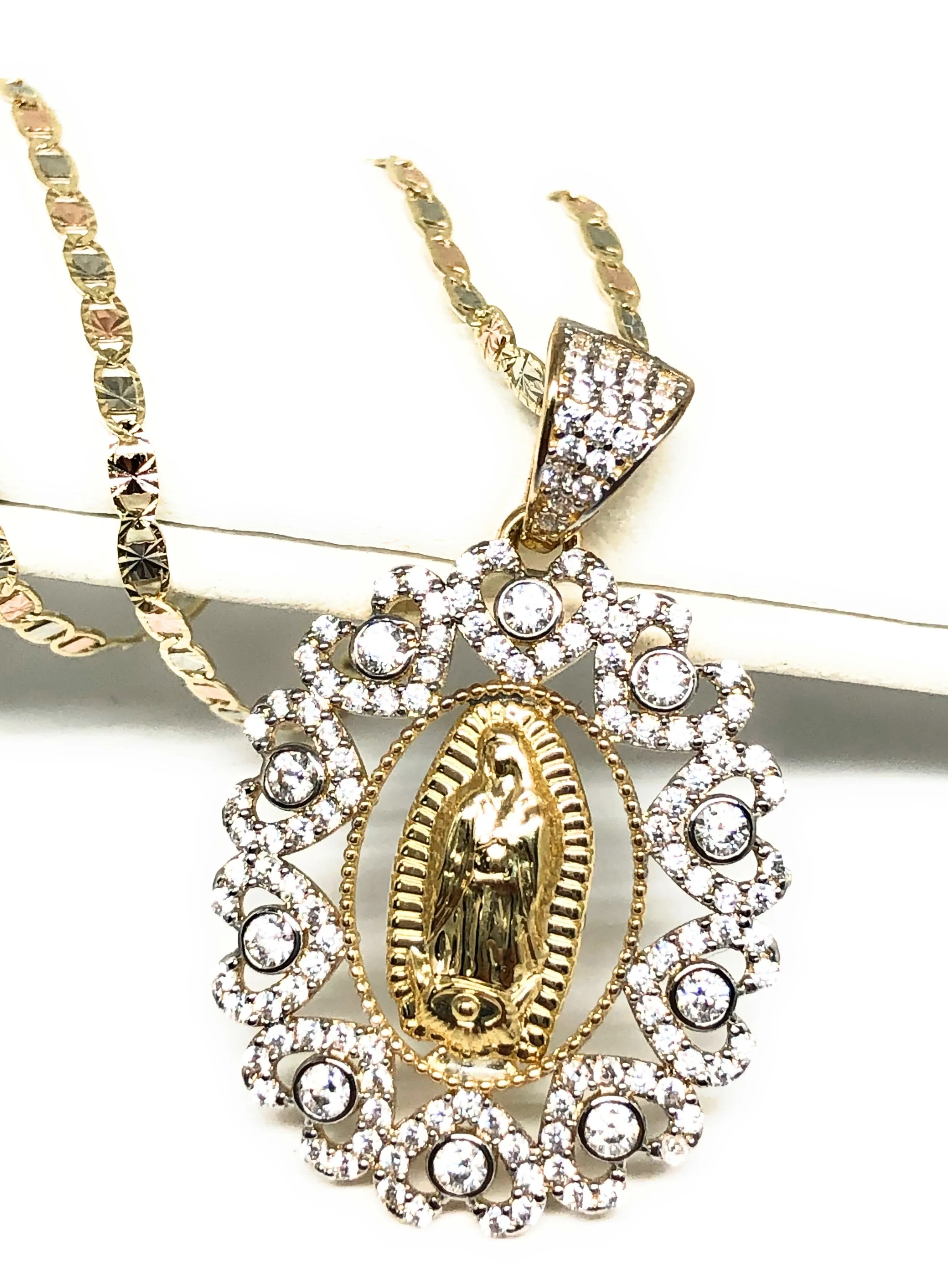 14k Solid Gold Virrgin Mary Fancy Elegant CZ Pendant  Virrgen Guadalupe Valentina Chain