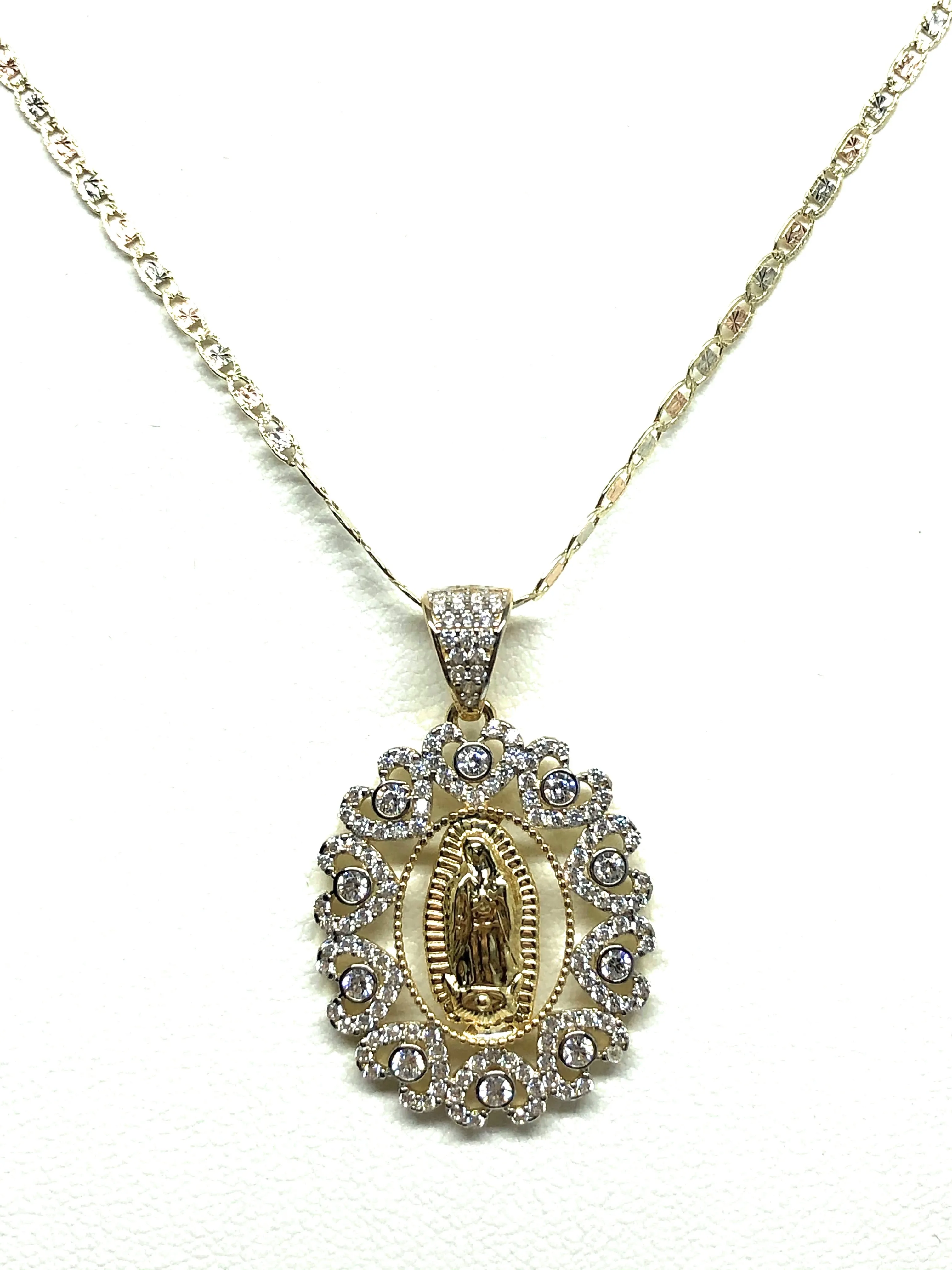 14k Solid Gold Virrgin Mary Fancy Elegant CZ Pendant  Virrgen Guadalupe Valentina Chain