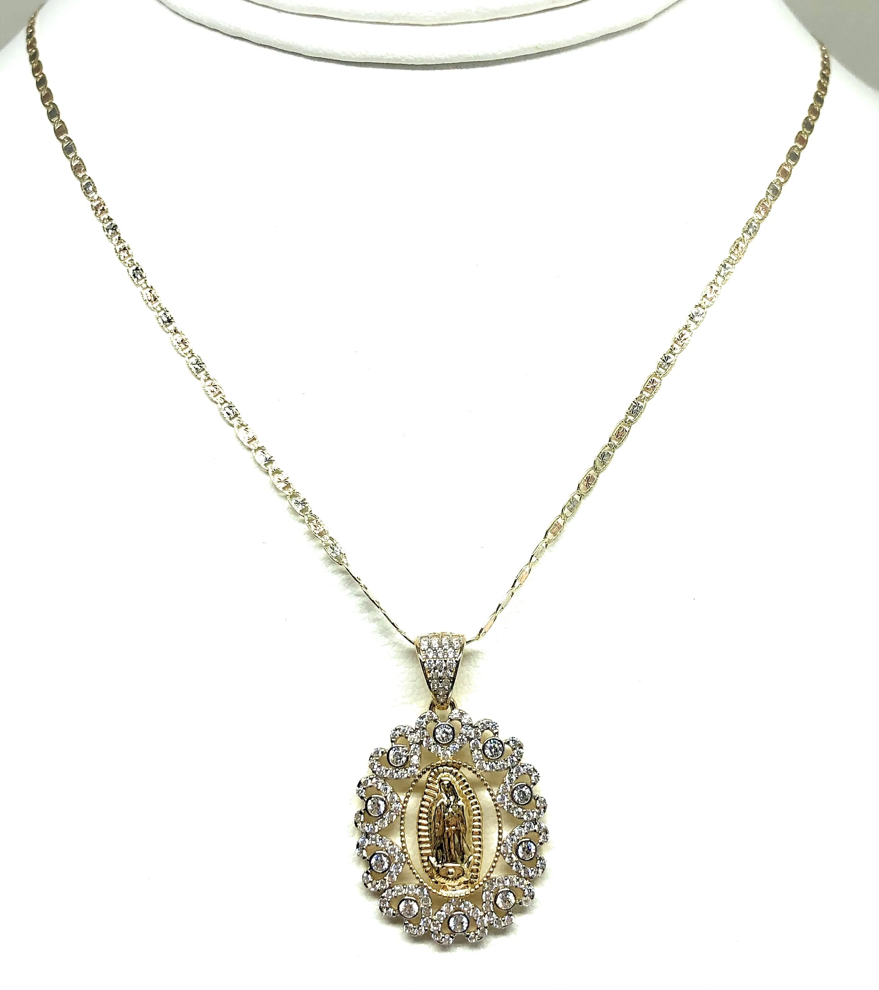 14k Solid Gold Virrgin Mary Fancy Elegant CZ Pendant  Virrgen Guadalupe Valentina Chain