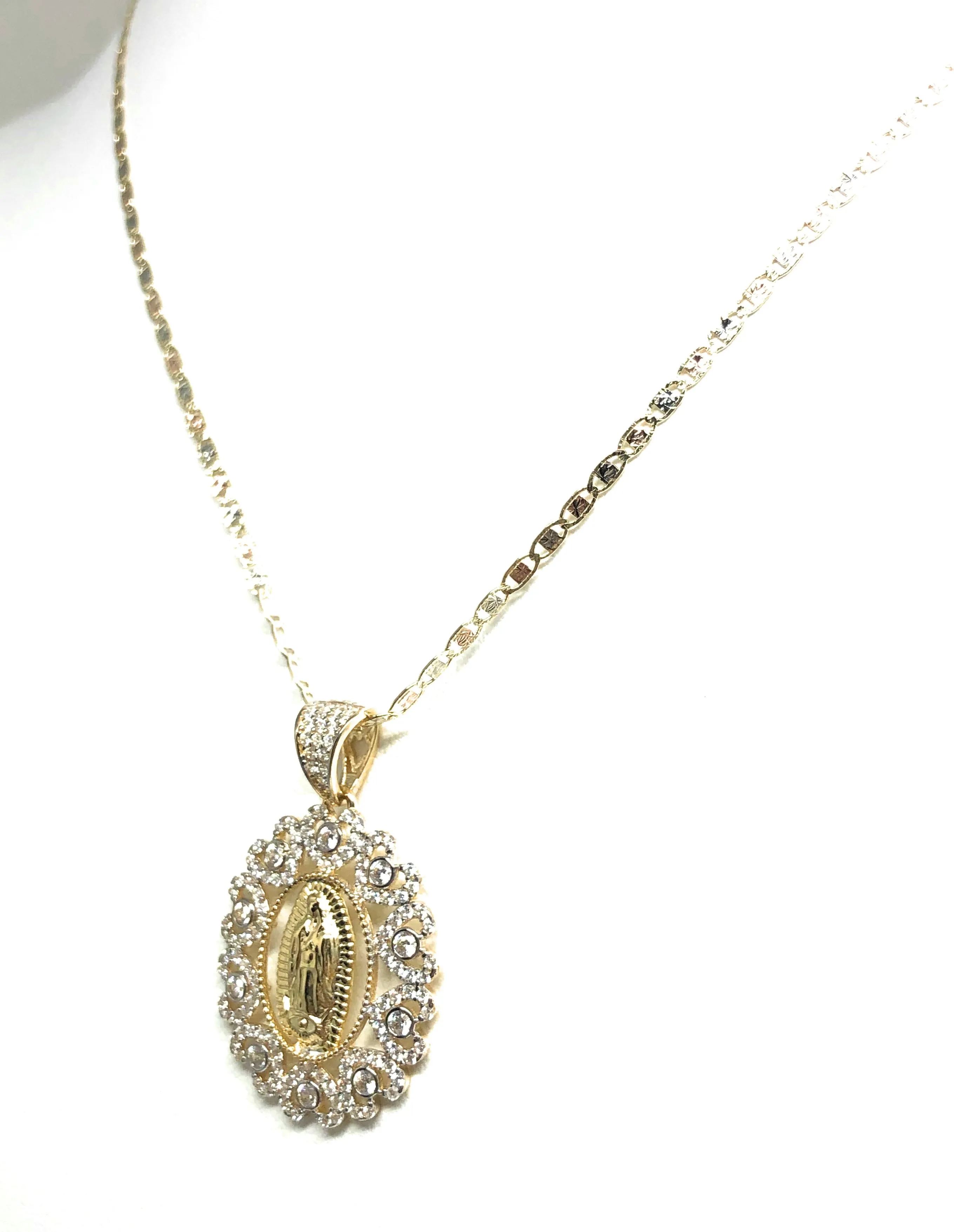 14k Solid Gold Virrgin Mary Fancy Elegant CZ Pendant  Virrgen Guadalupe Valentina Chain