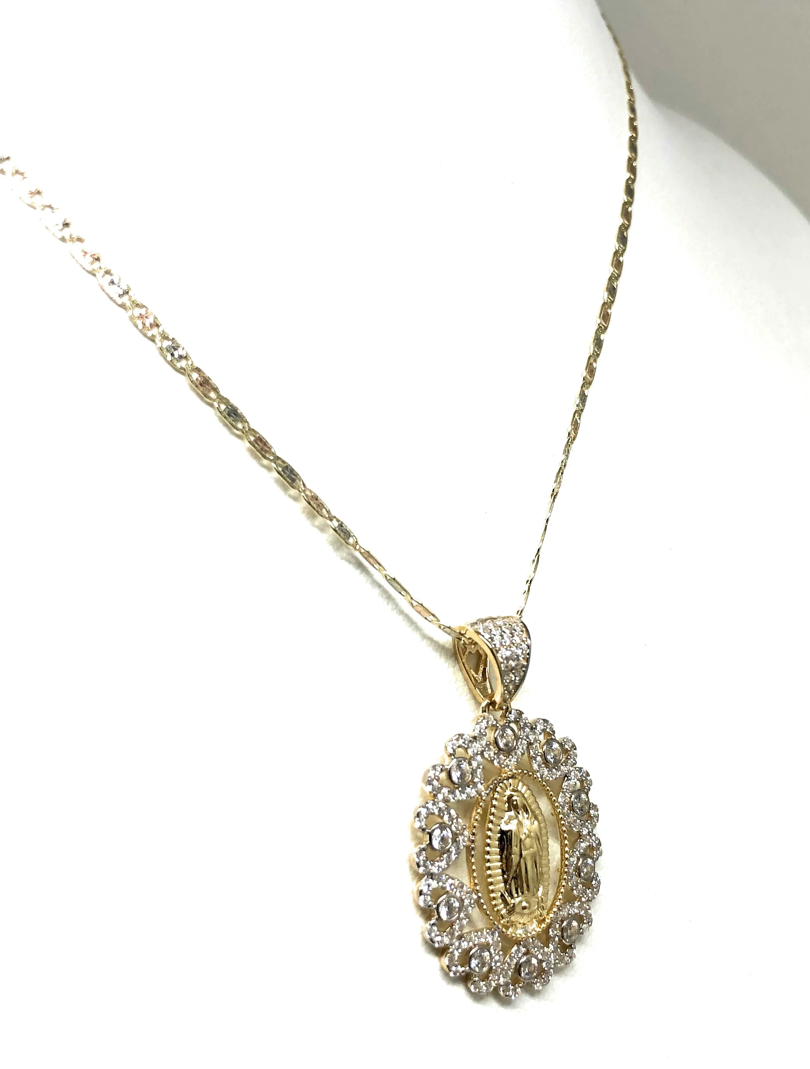 14k Solid Gold Virrgin Mary Fancy Elegant CZ Pendant  Virrgen Guadalupe Valentina Chain