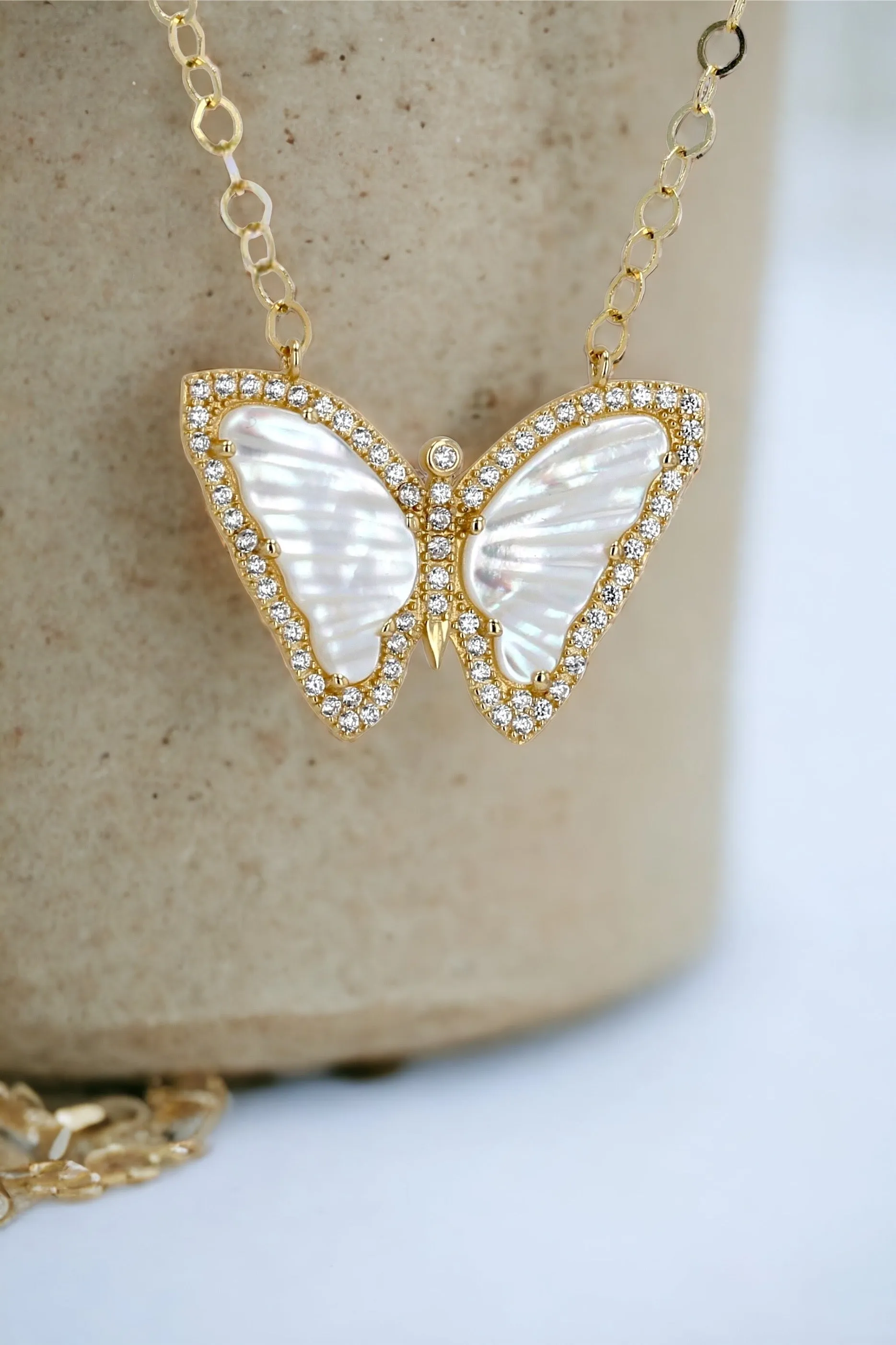 14K Yellow gold mother pearl butterfly necklace