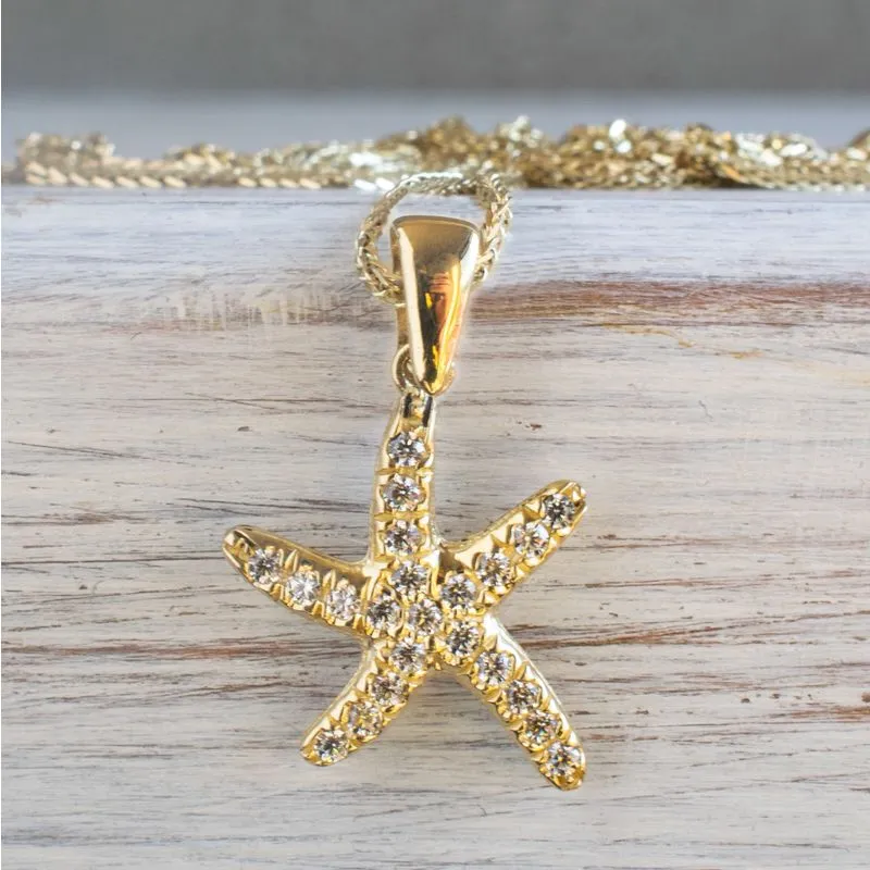 14K Yellow Gold Starfish White Cubic Zirconia 1.3mm Pendant