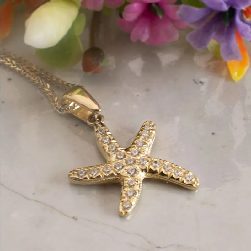 14K Yellow Gold Starfish White Cubic Zirconia 1.3mm Pendant