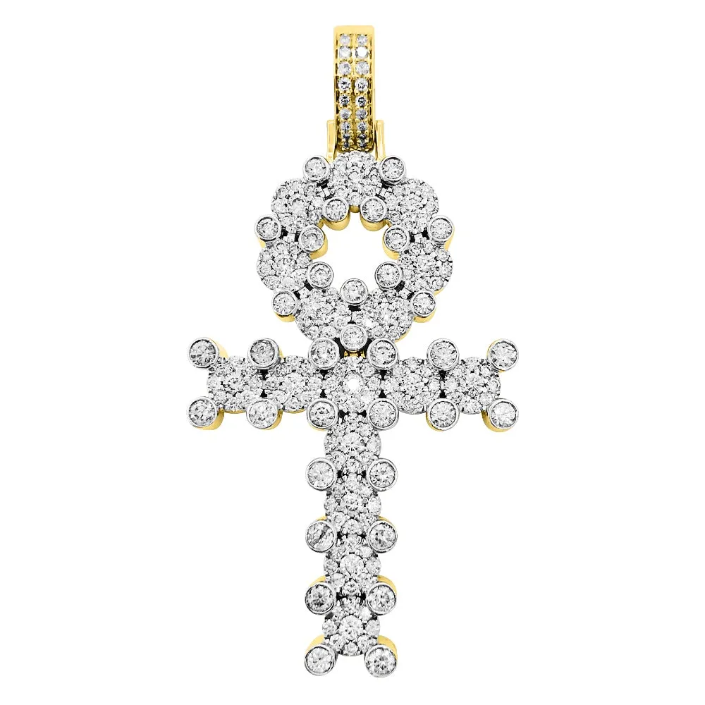 Ankh Cross Cluster Prong Diamond Pendant 3.51cttw 10K Yellow Gold