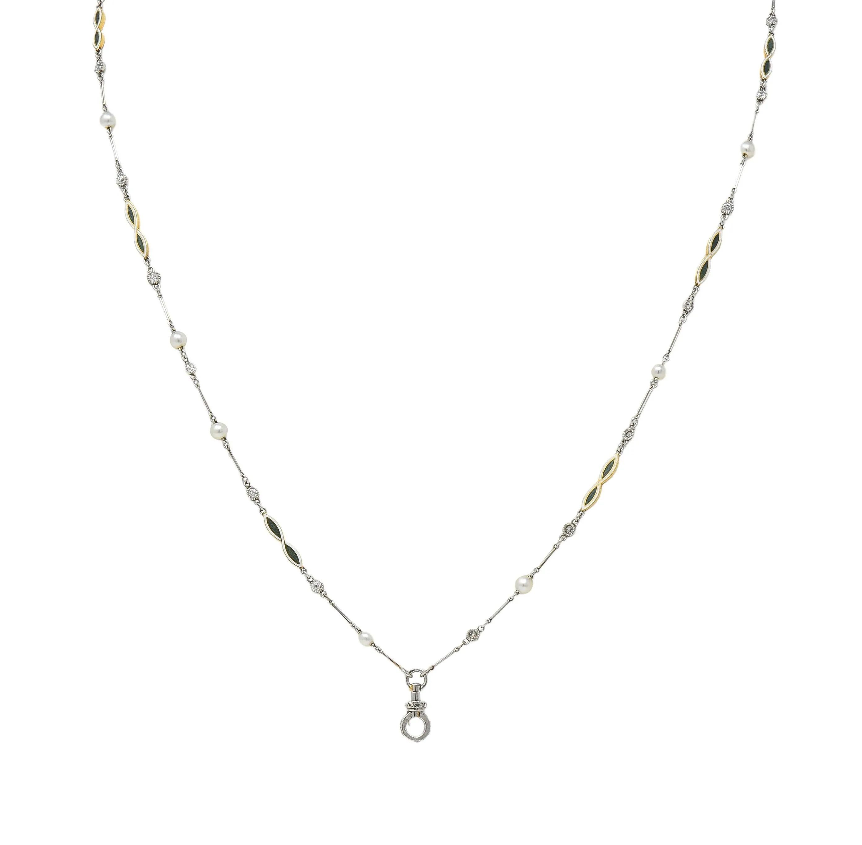 Art Deco Diamond Natural Pearl Enamel Platinum 18K Gold Antique Fancy Link Chain Necklace