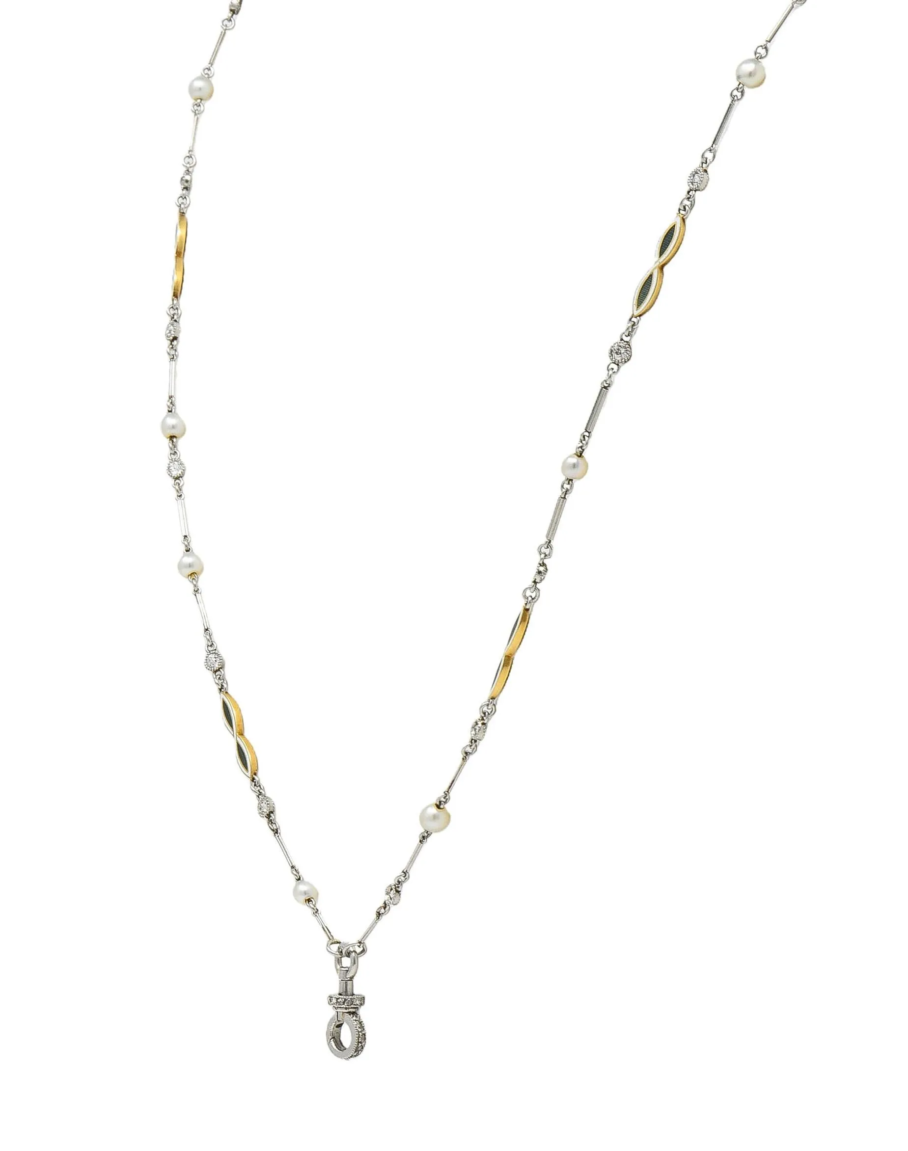 Art Deco Diamond Natural Pearl Enamel Platinum 18K Gold Antique Fancy Link Chain Necklace