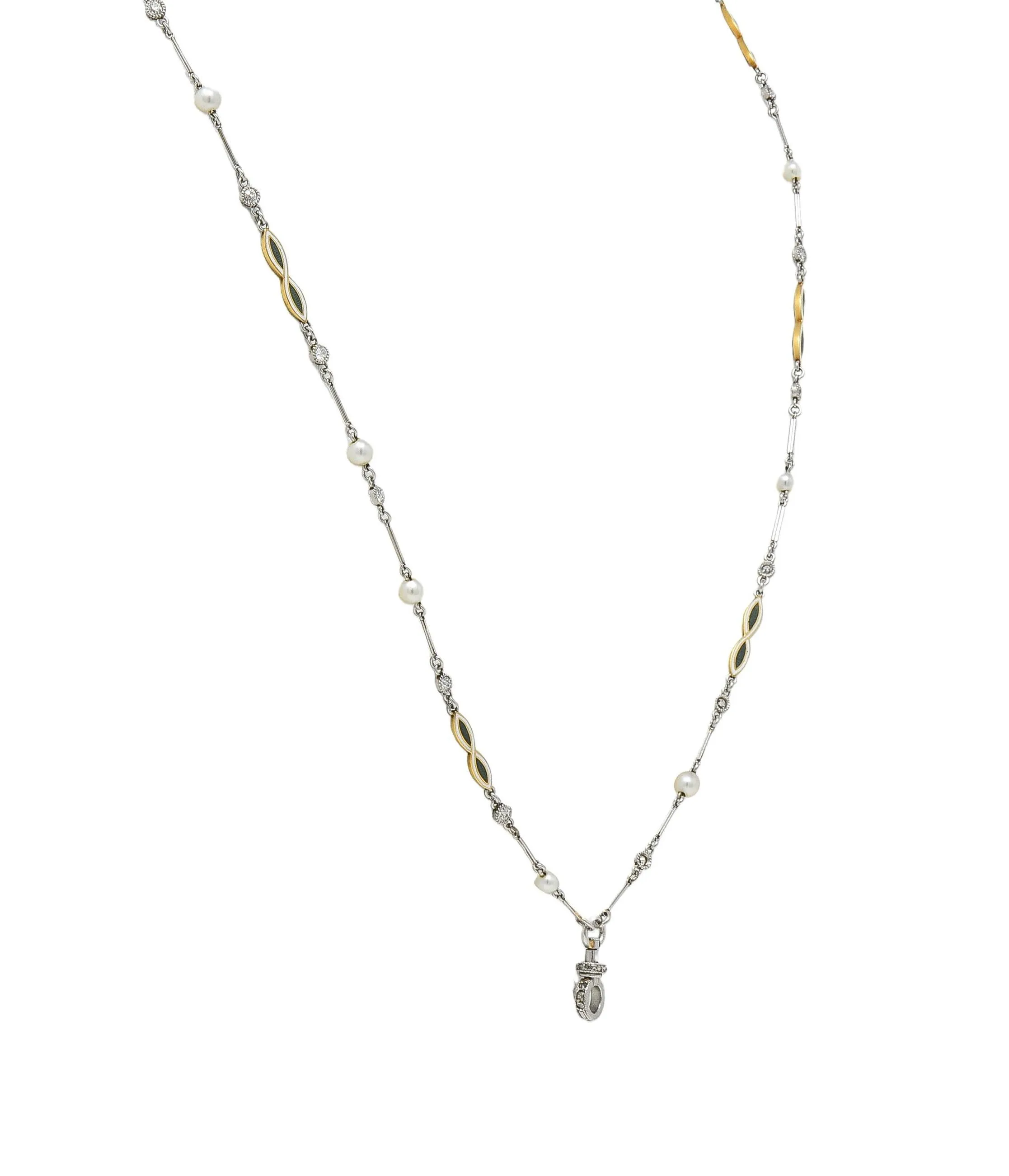 Art Deco Diamond Natural Pearl Enamel Platinum 18K Gold Antique Fancy Link Chain Necklace