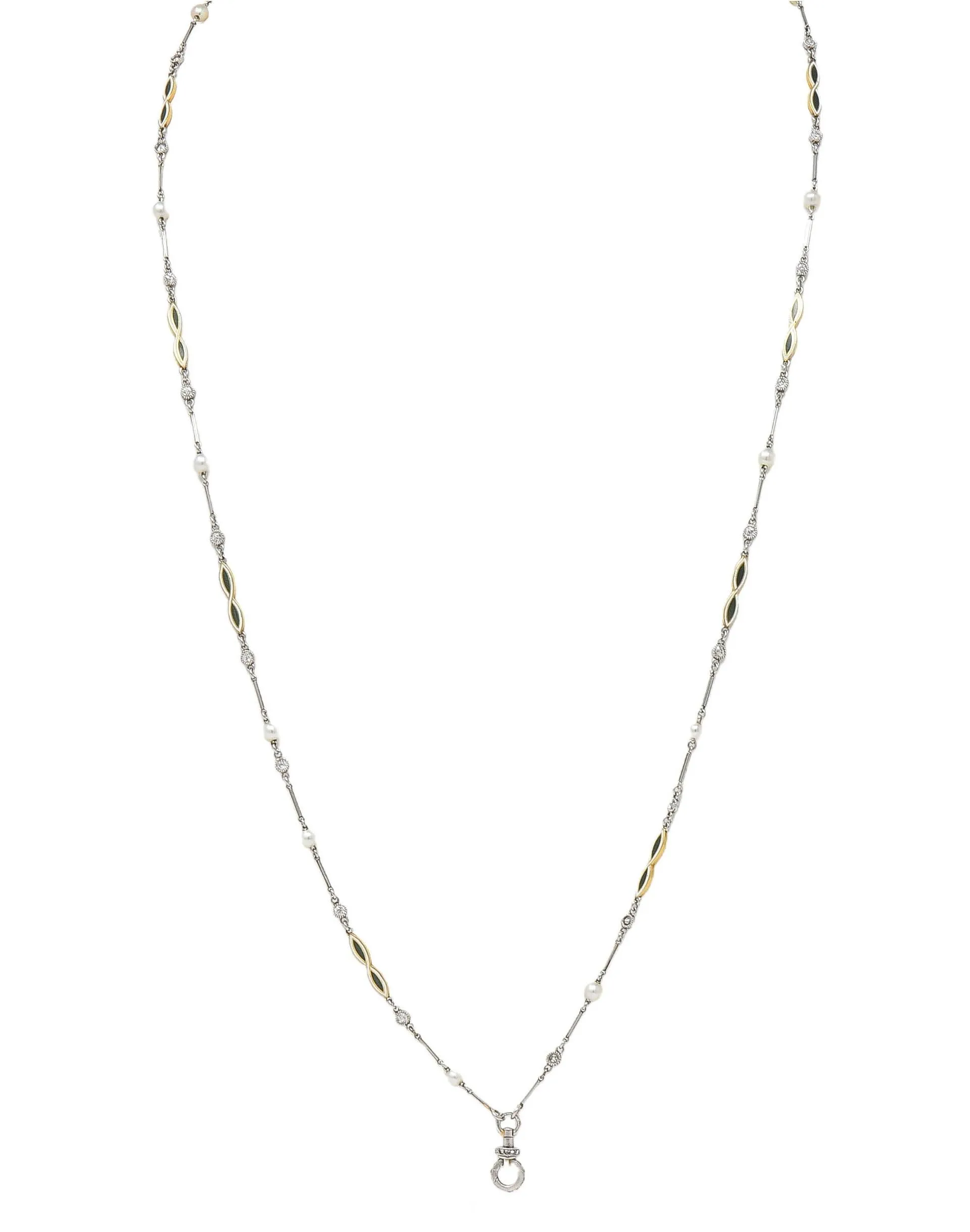 Art Deco Diamond Natural Pearl Enamel Platinum 18K Gold Antique Fancy Link Chain Necklace