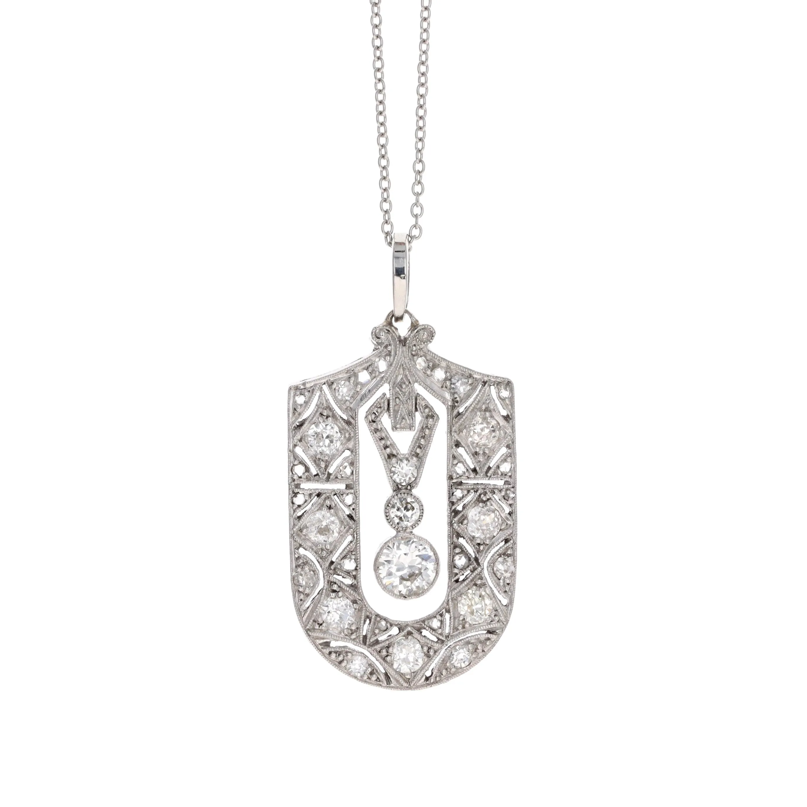 Art Deco Platinum 0.35 Carat Old European Diamond Pendant Necklace