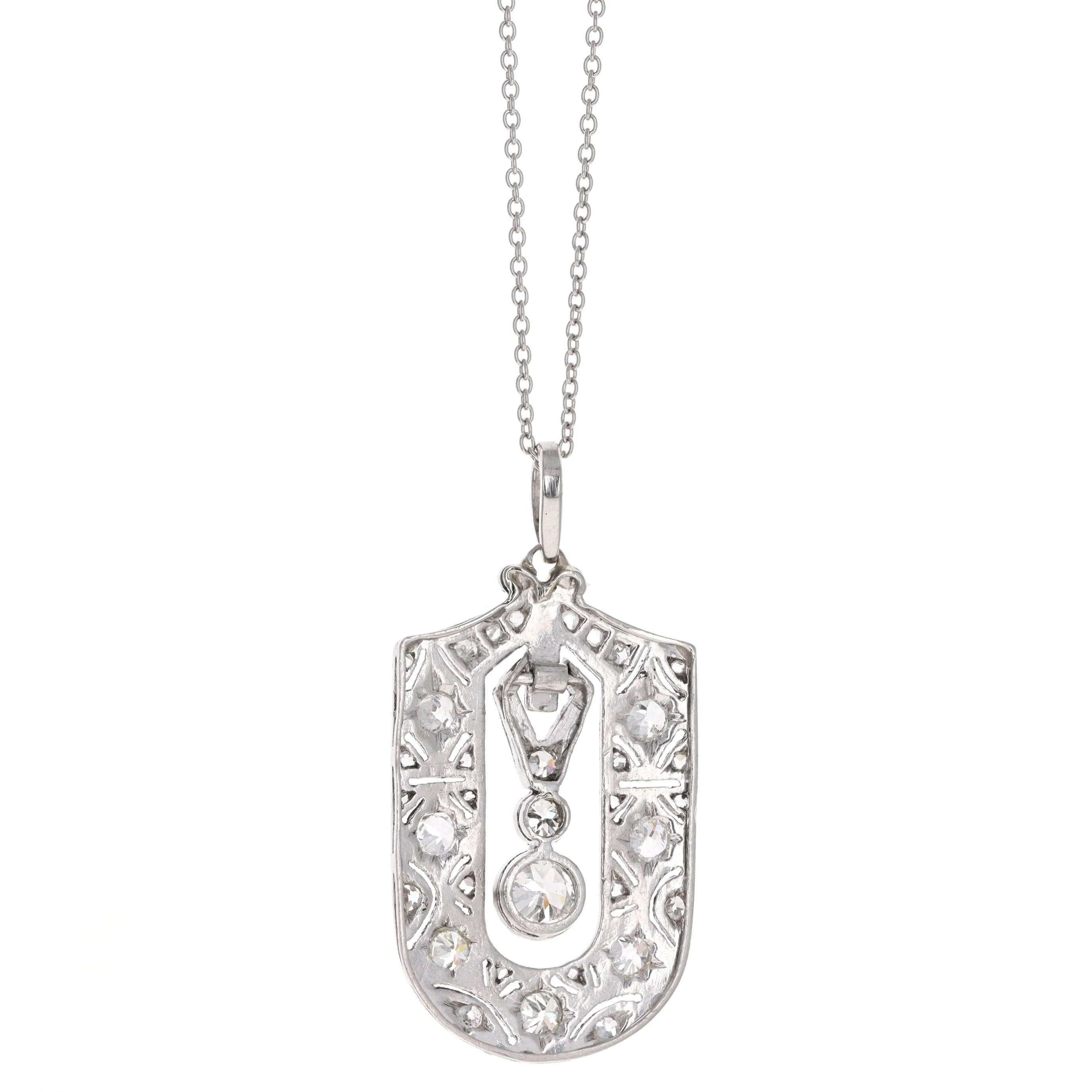 Art Deco Platinum 0.35 Carat Old European Diamond Pendant Necklace