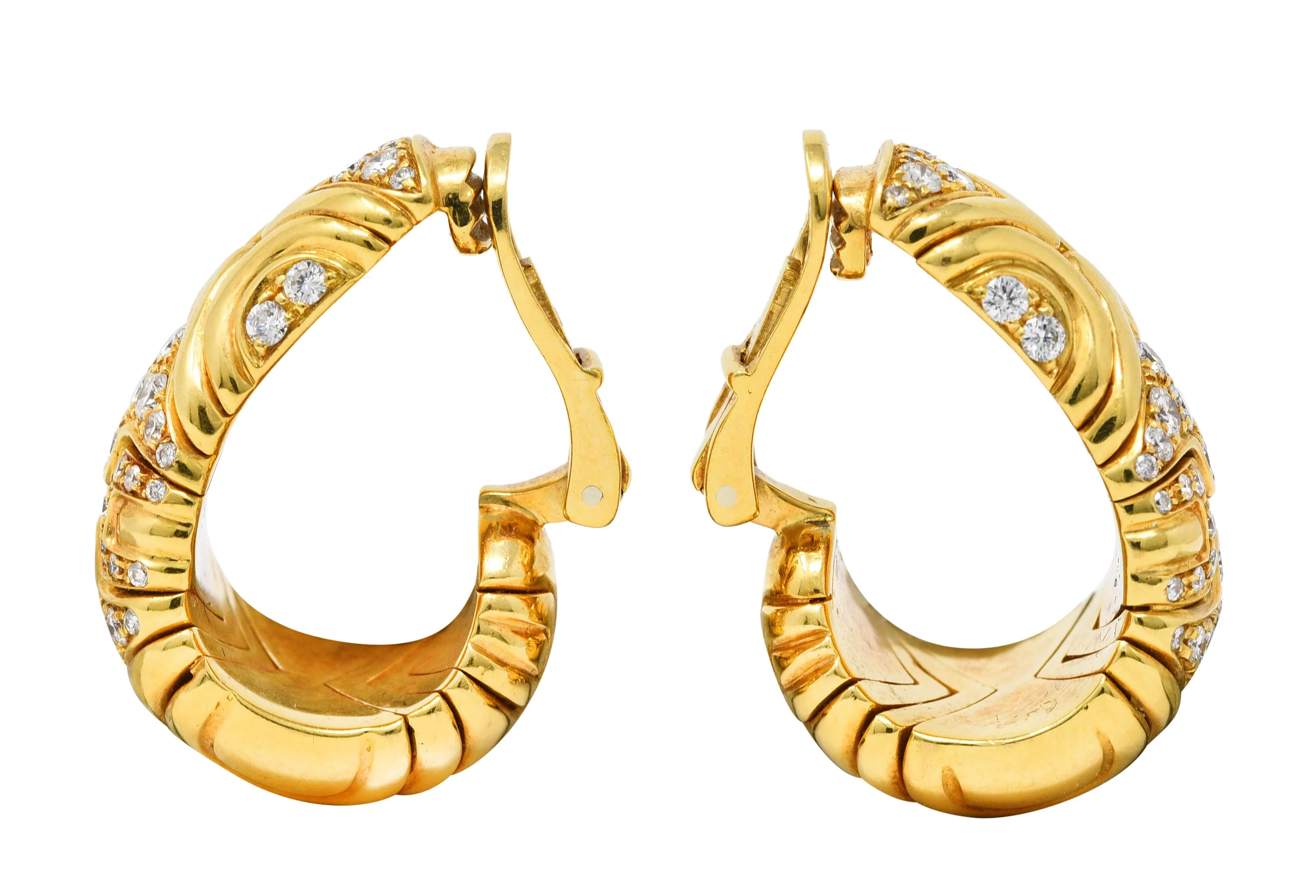 Bulgari 1989 2.04 CTW Diamond 18 Karat Yellow Gold Parentesi Vintage J-Hoop Ear-Clip Earrings