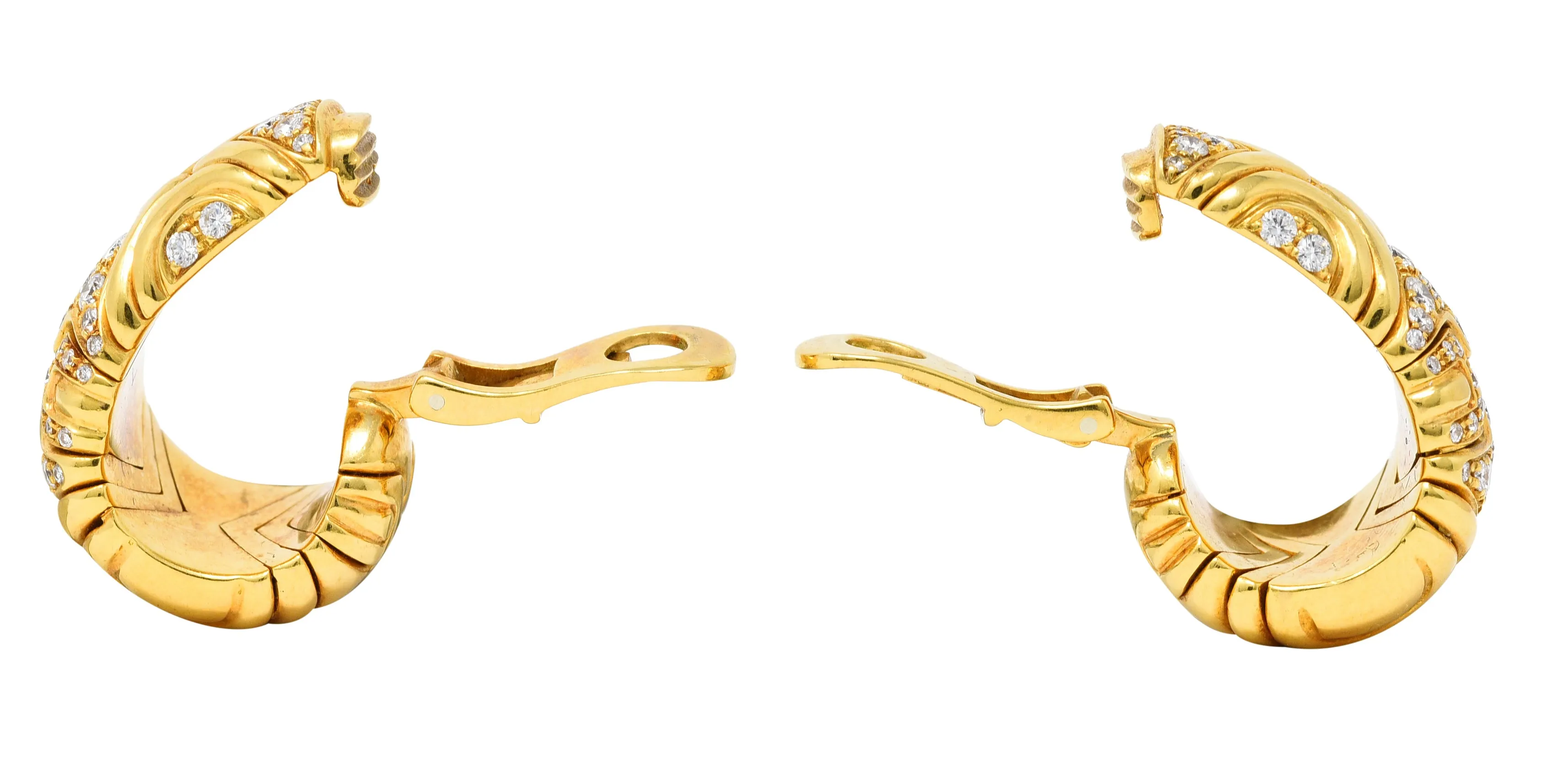 Bulgari 1989 2.04 CTW Diamond 18 Karat Yellow Gold Parentesi Vintage J-Hoop Ear-Clip Earrings