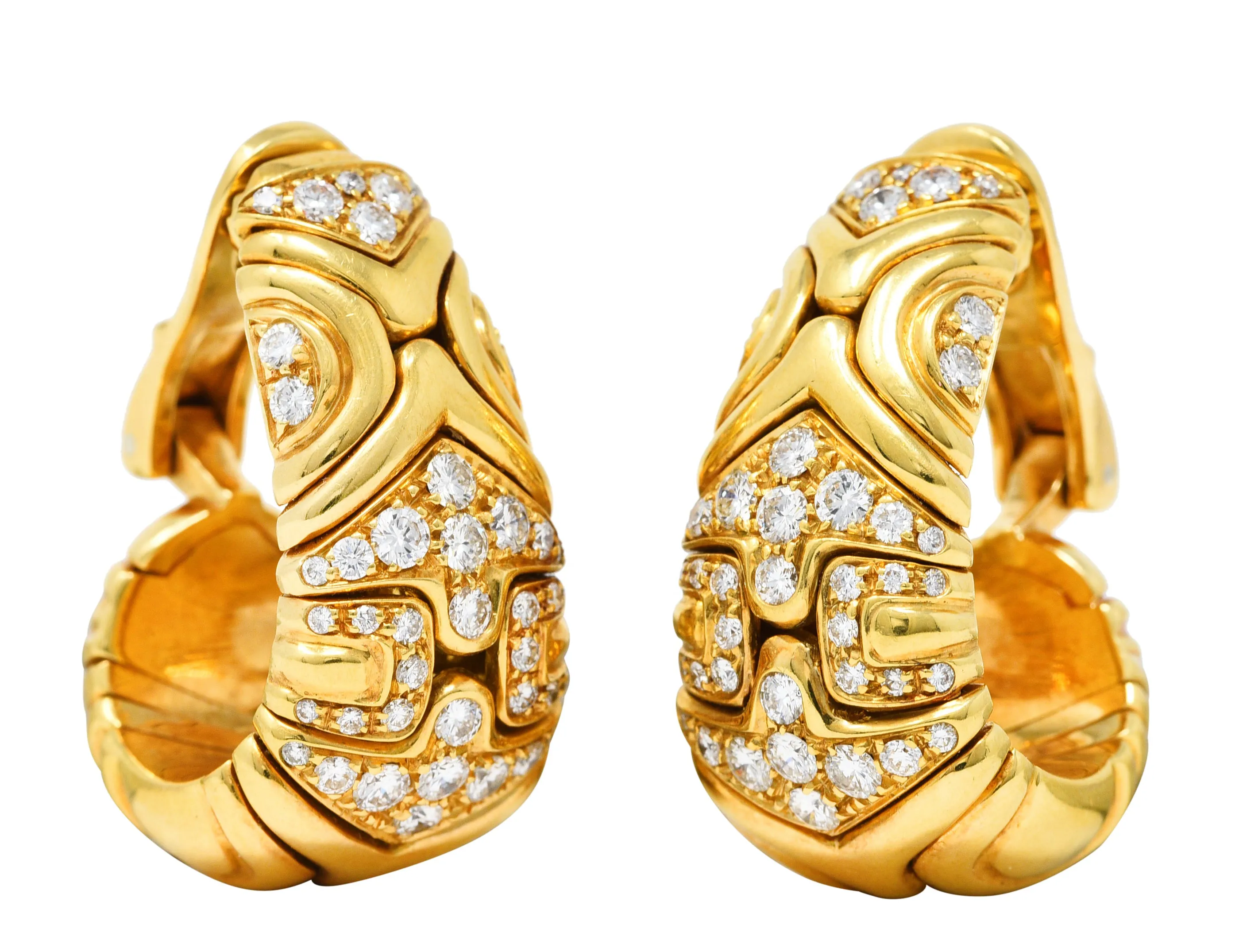 Bulgari 1989 2.04 CTW Diamond 18 Karat Yellow Gold Parentesi Vintage J-Hoop Ear-Clip Earrings