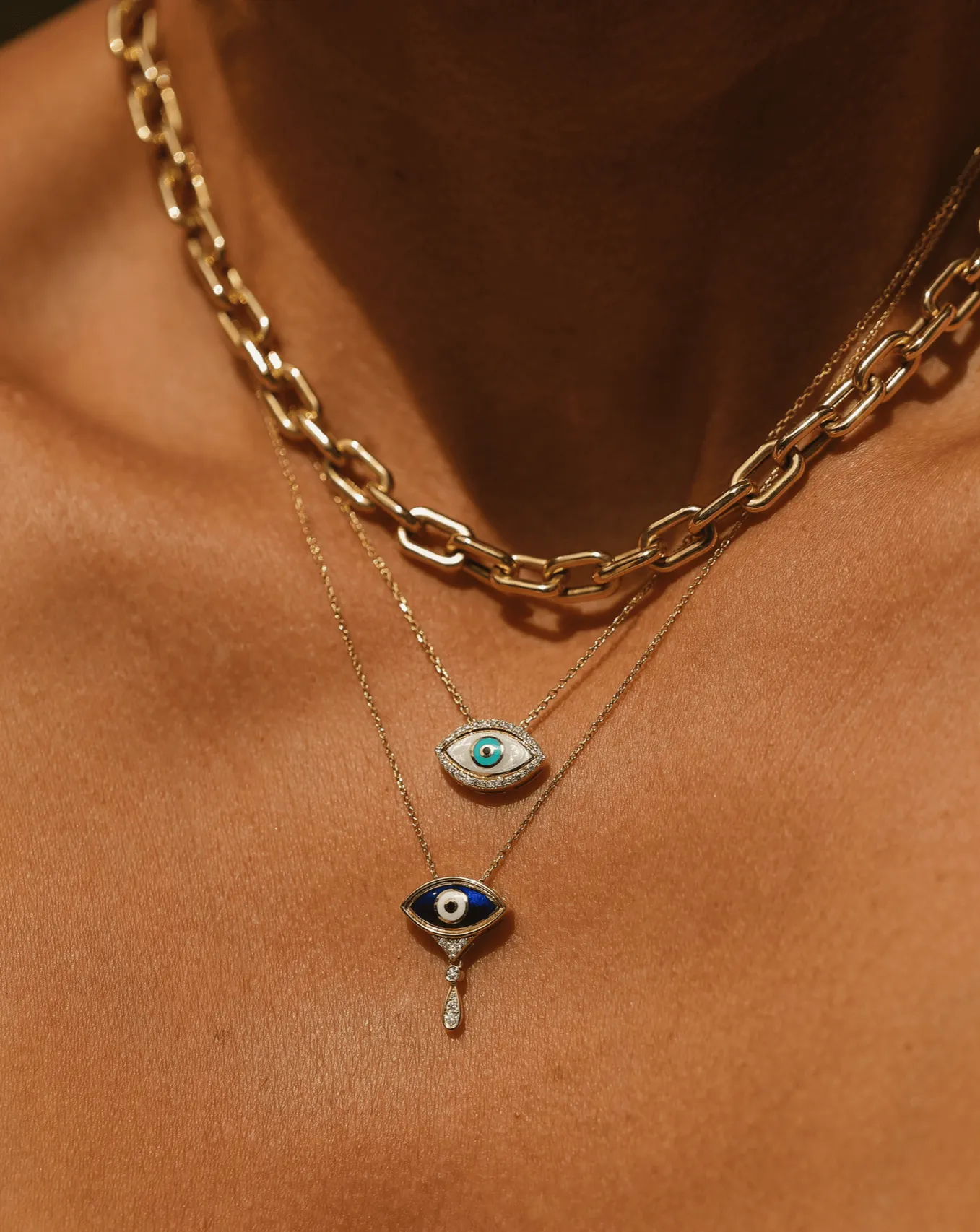 Cascading Evil Eye Necklace - 14k Solid Gold