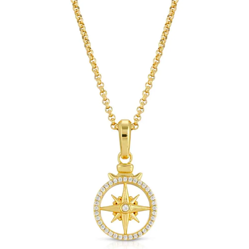 Diamond Open Compass Necklace Pendant & Cable Chain