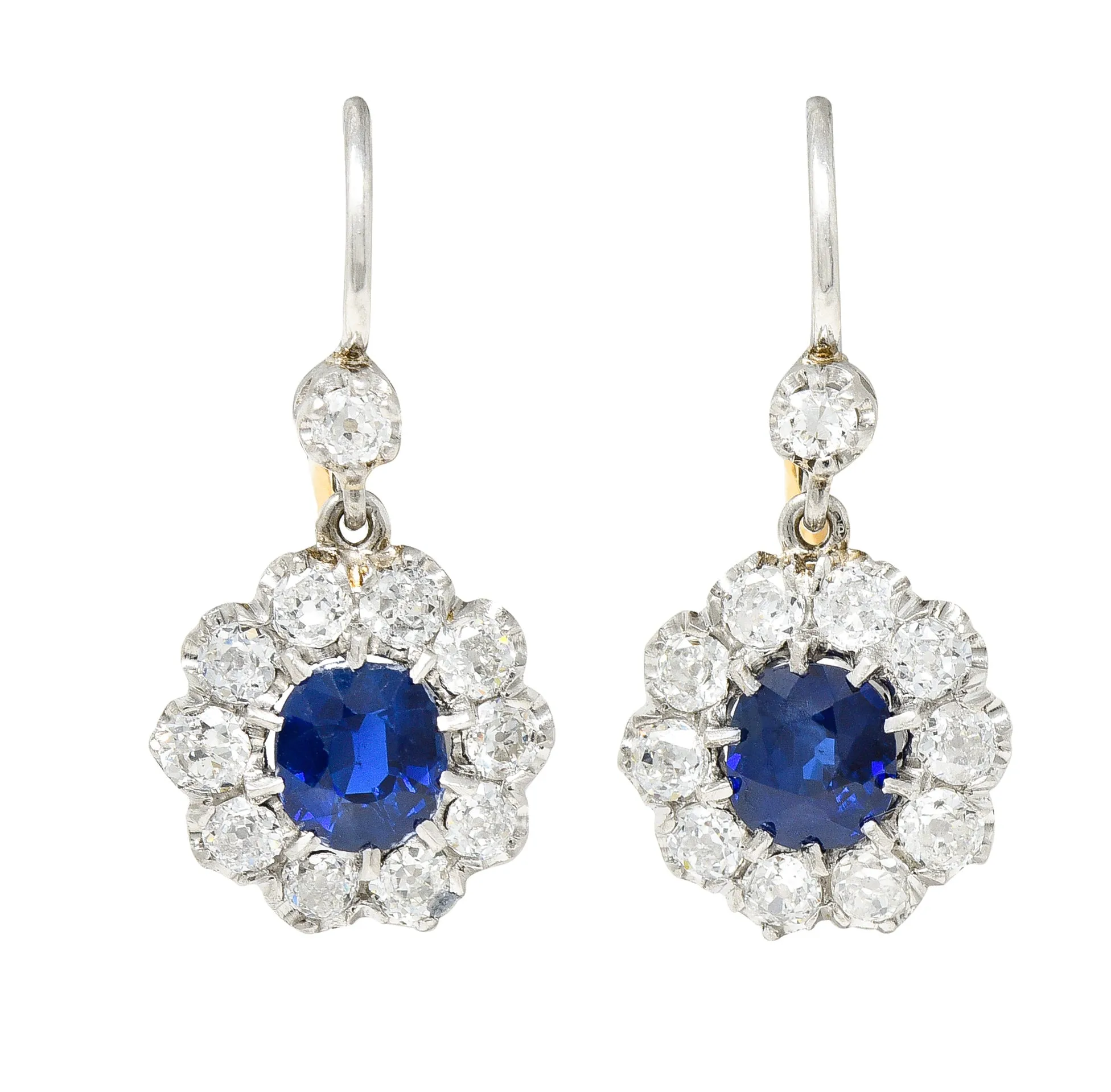 Edwardian 2.95 CTW Cushion Cut No Heat Cambodian Sapphire Old European Cut Diamond Platinum Cluster Antique Drop Earrings GIA