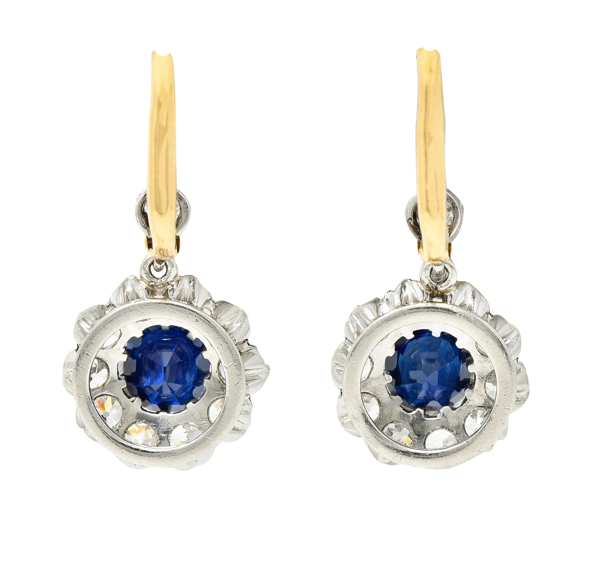 Edwardian 2.95 CTW Cushion Cut No Heat Cambodian Sapphire Old European Cut Diamond Platinum Cluster Antique Drop Earrings GIA