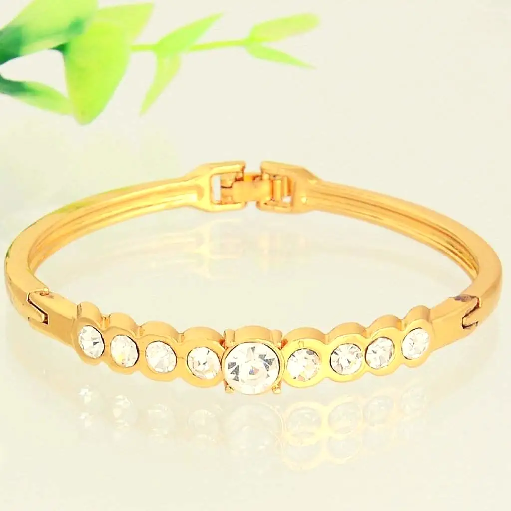 Gold Bangle Bracelet with Round Crystals